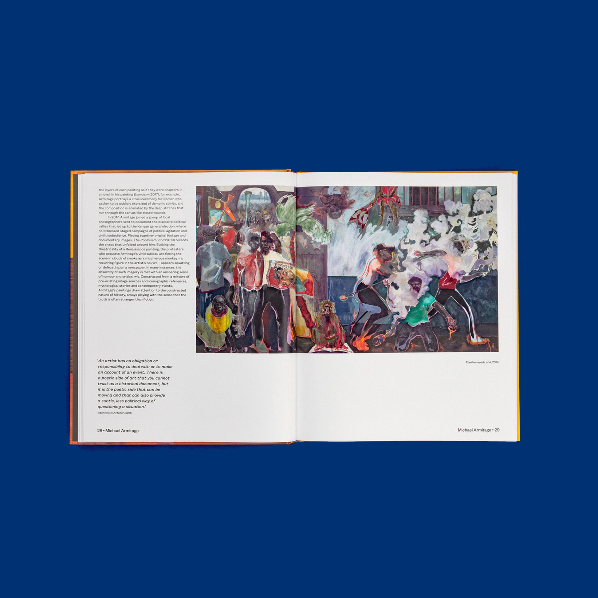 An interior spread of the fine art book featuring a painting by contemporary artist Michael Armitage.