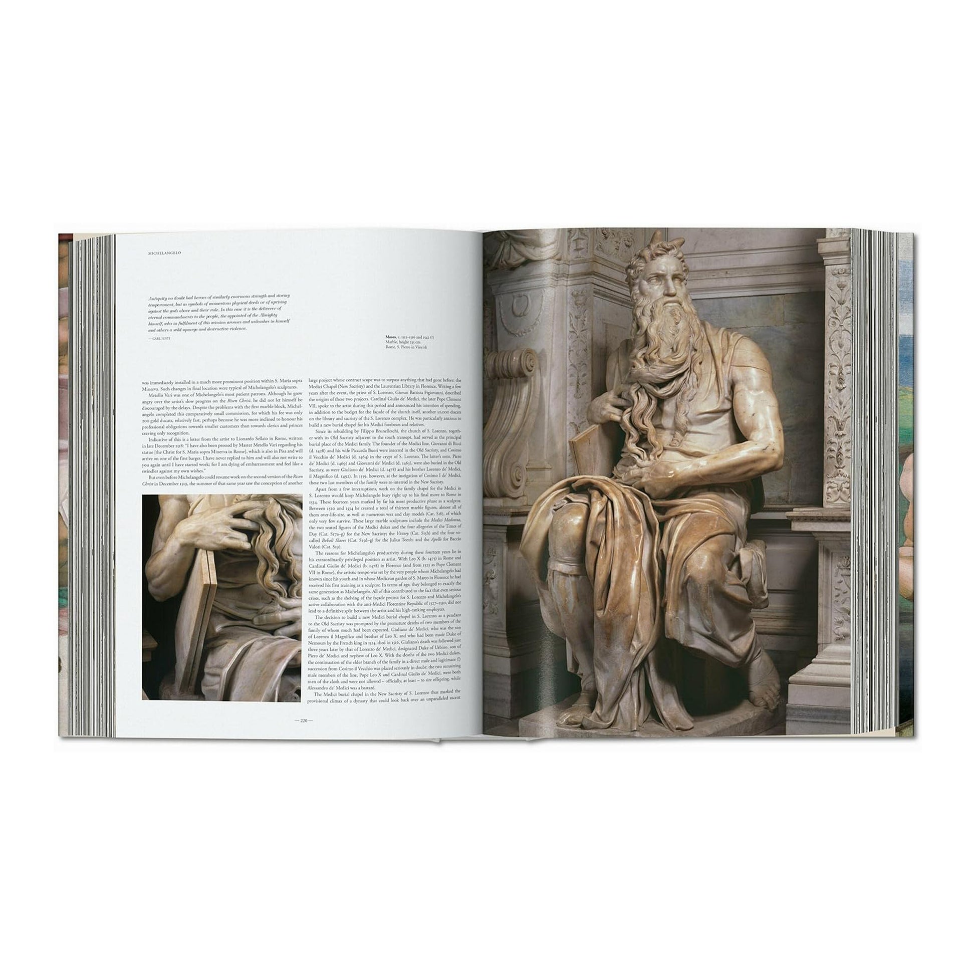 A book spread from the Michelangelo art volume, highlighting the powerful marble sculpture of Moses, a key work of Renaissance sculpture.
