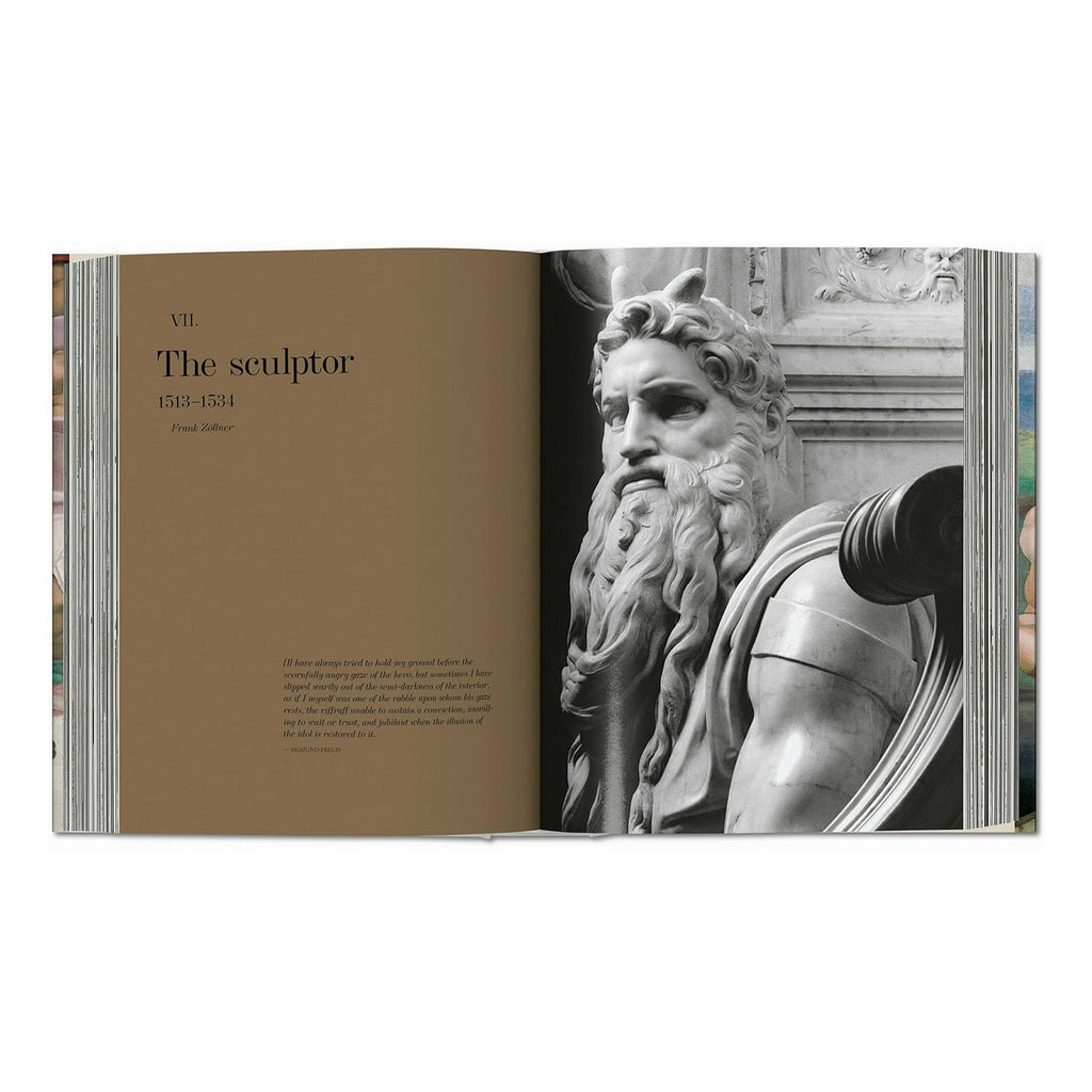A page from the book dedicated to Michelangelo's work as a sculptor, featuring a close-up of the masterful sculpture of Moses.
