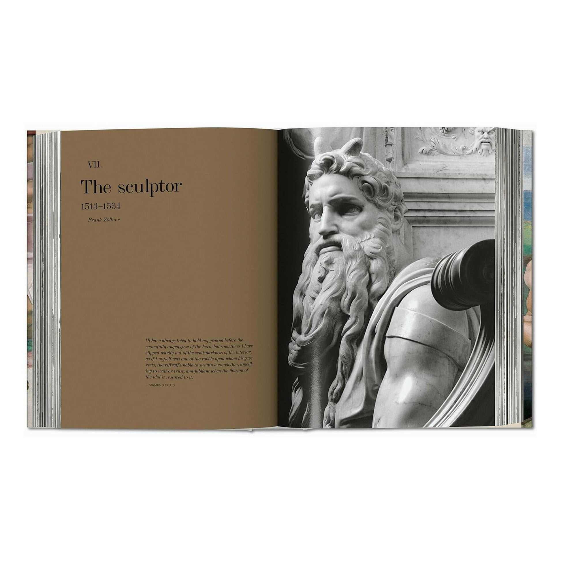 A page from the book dedicated to Michelangelo's work as a sculptor, featuring a close-up of the masterful sculpture of Moses.