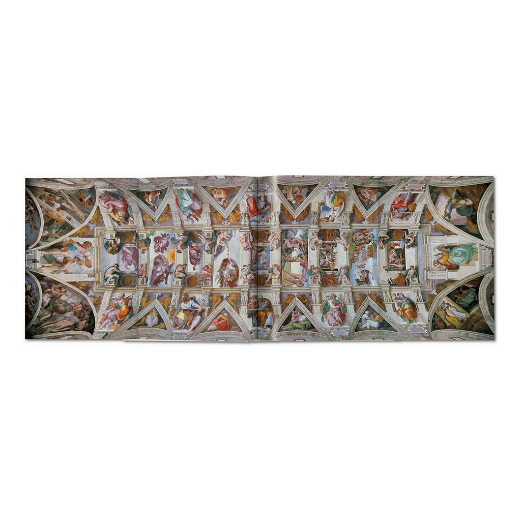 A panoramic view of the complete Sistine Chapel ceiling by Michelangelo, showcased across two pages of the definitive art history book.