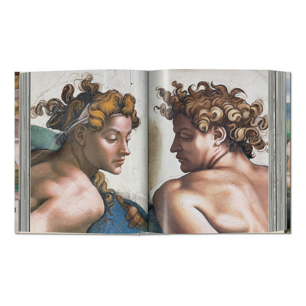 A detail of two figures from Michelangelo's iconic Sistine Chapel ceiling frescoes, a prime example of high Renaissance fine art.