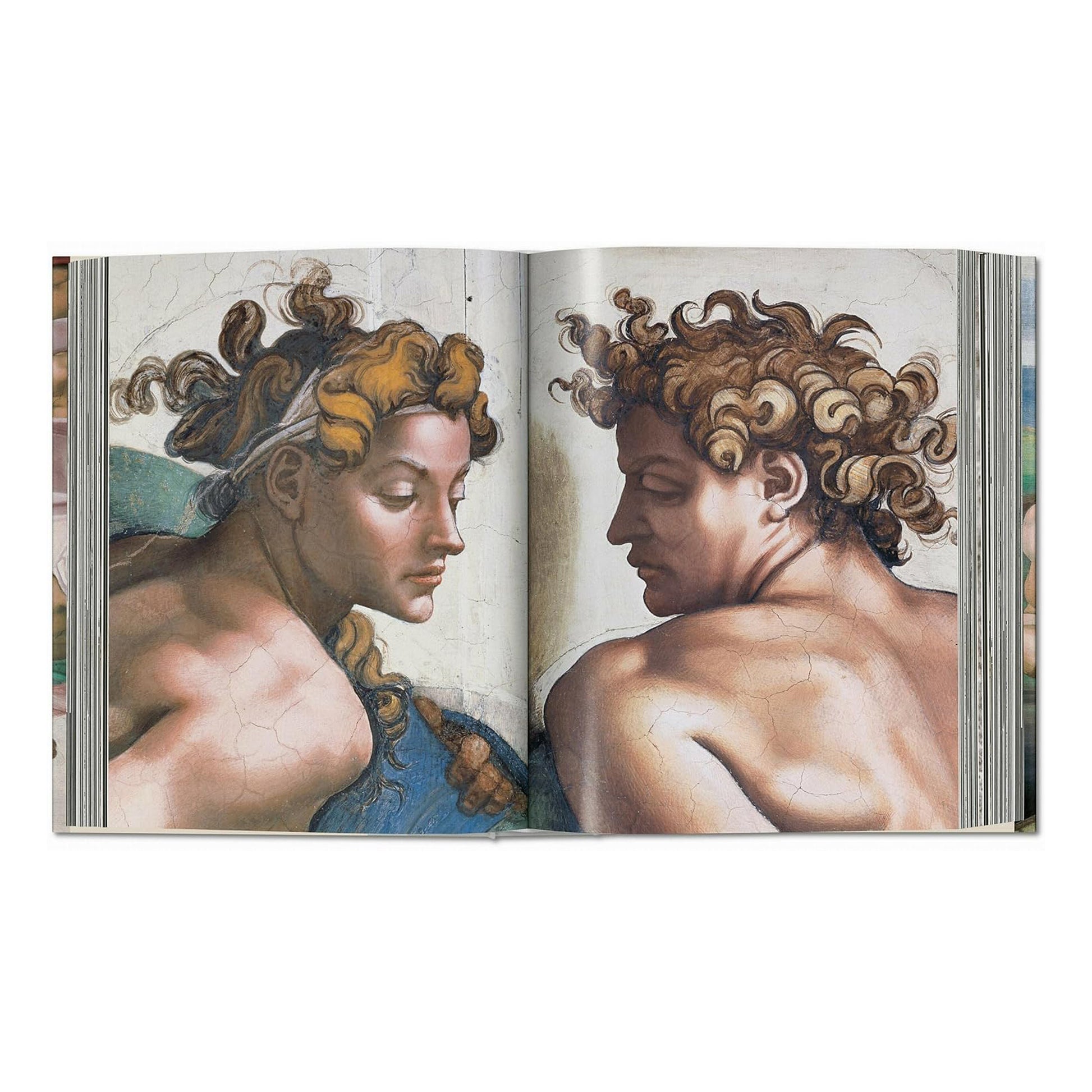 A detail of two figures from Michelangelo's iconic Sistine Chapel ceiling frescoes, a prime example of high Renaissance fine art.