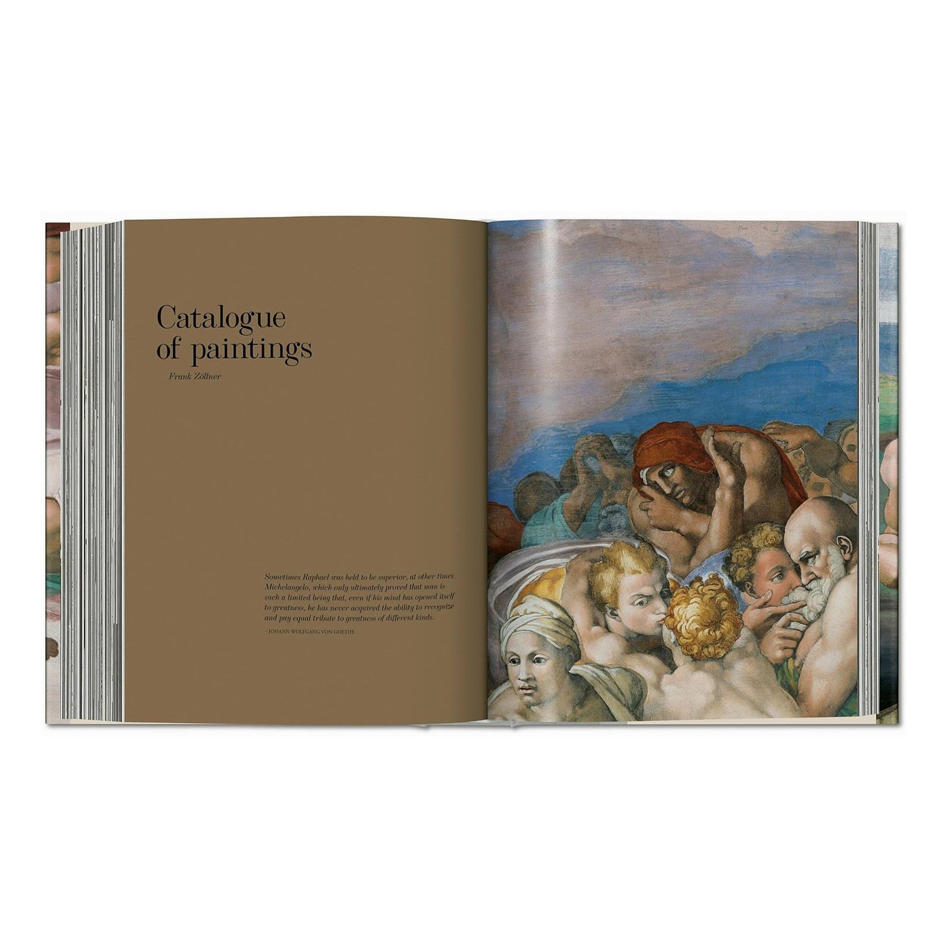 A book spread from the Taschen luxury art book "Michelangelo. The Complete Works," featuring a catalogue of his masterful paintings and frescoes.