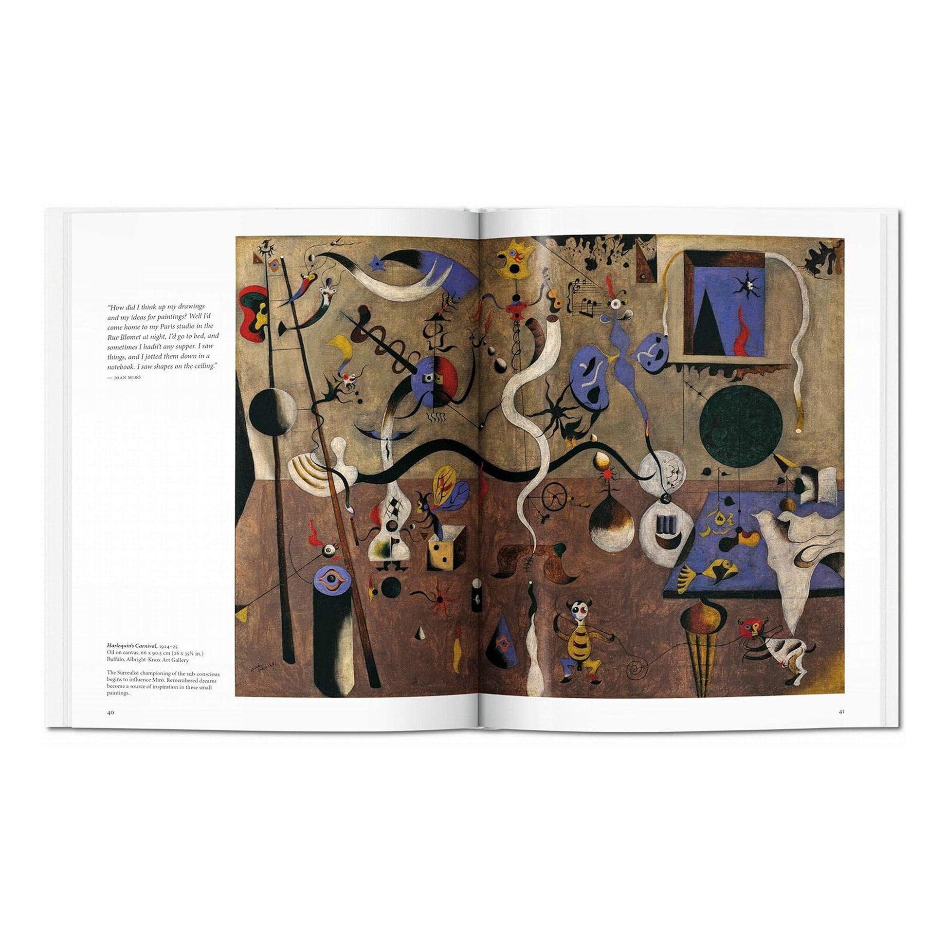 Page spread showing Joan Miró's "Harlequin's Carnival" from 1924-1925, a complex Surrealist composition with many figures.