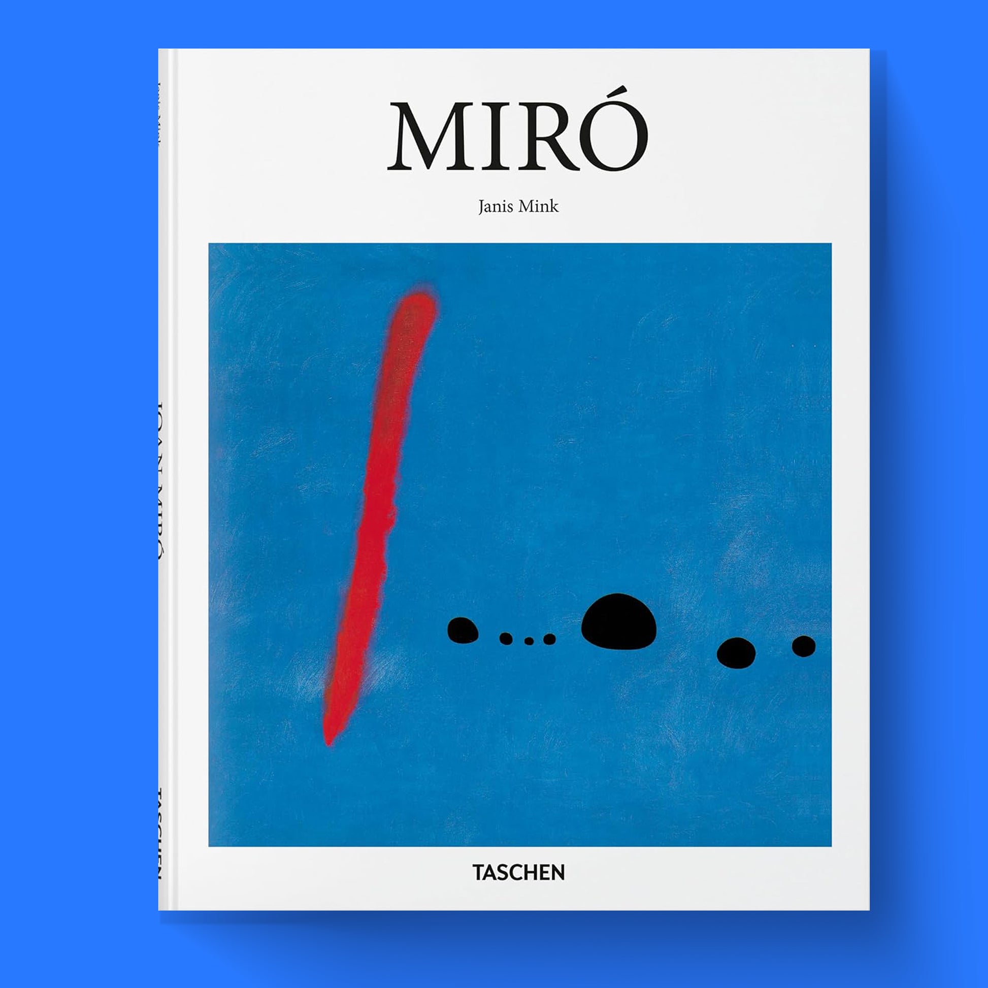 Cover of the TASCHEN art book "Joan Miró: The Poet Among the Surrealists Hardcover Art Book" with a red line and black dots on a blue background.