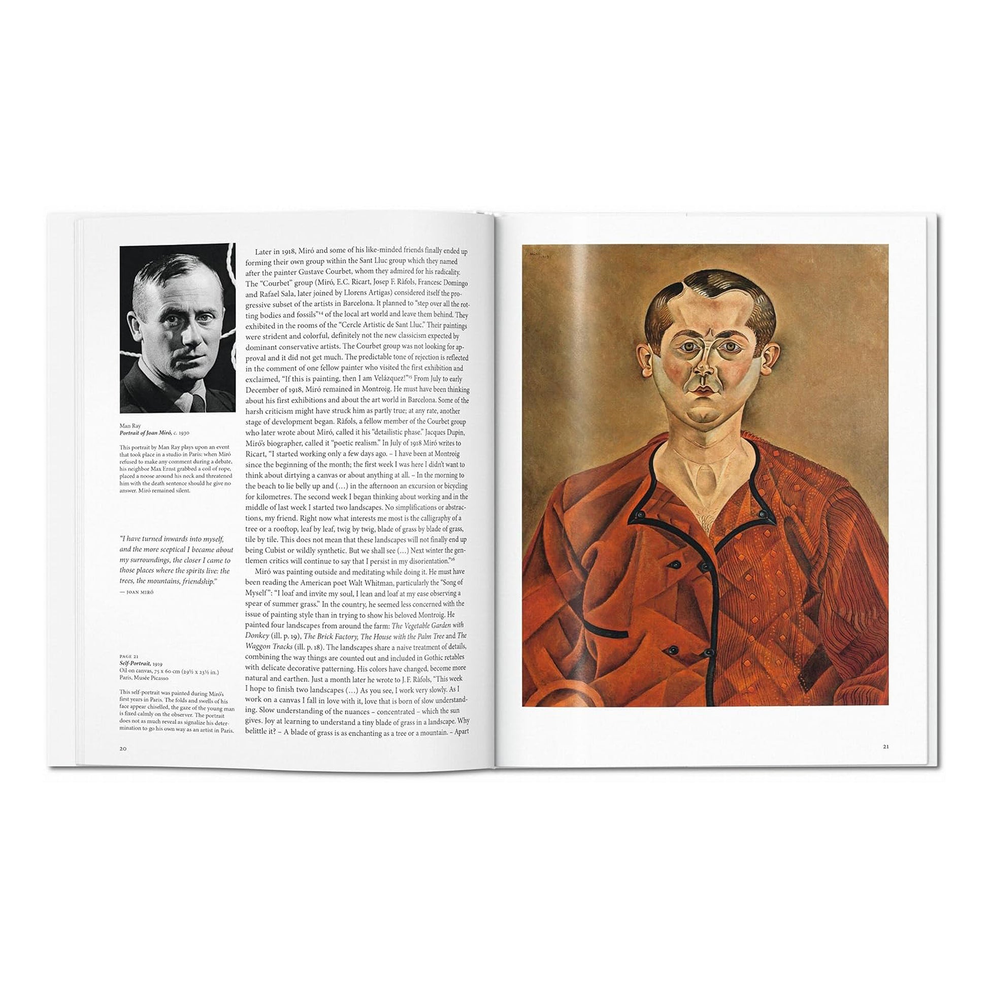 Open book with portrait of a man on one page and text on the other, on a white background
