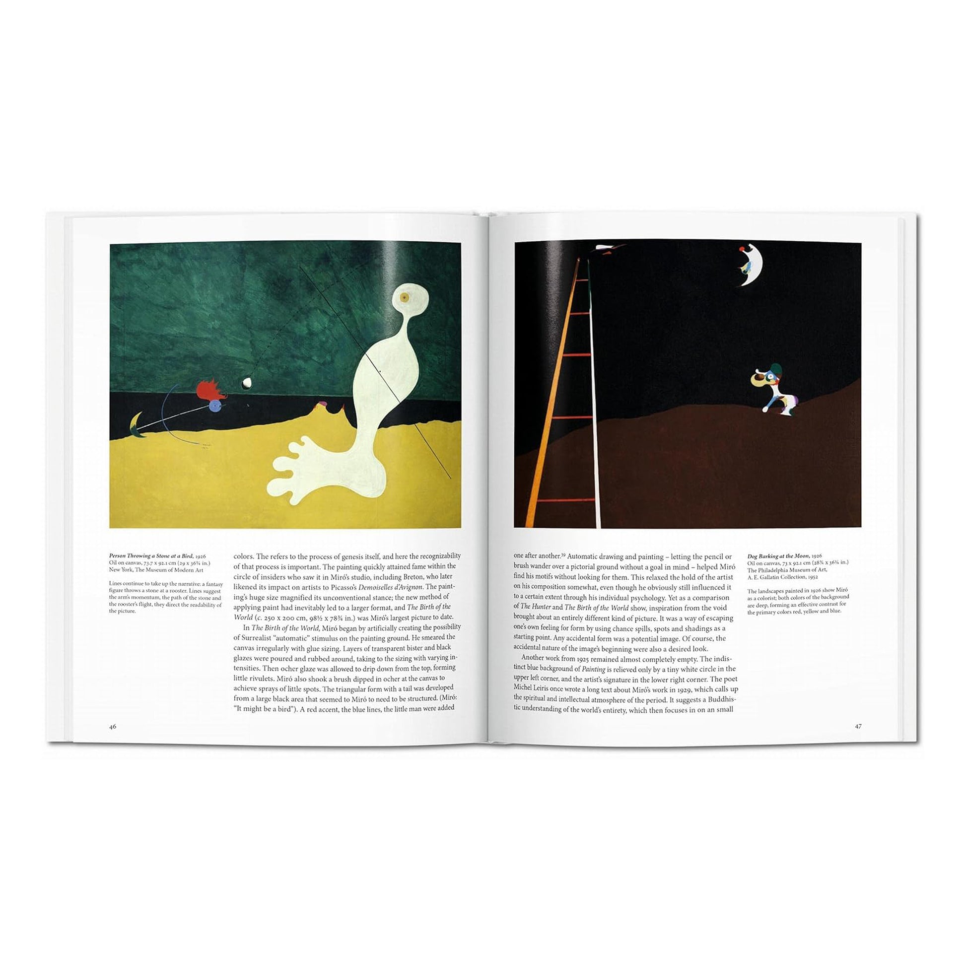 Page spread featuring Joan Miró's 1925 masterpiece "The Birth of the World," a key example of his Surrealist painting.