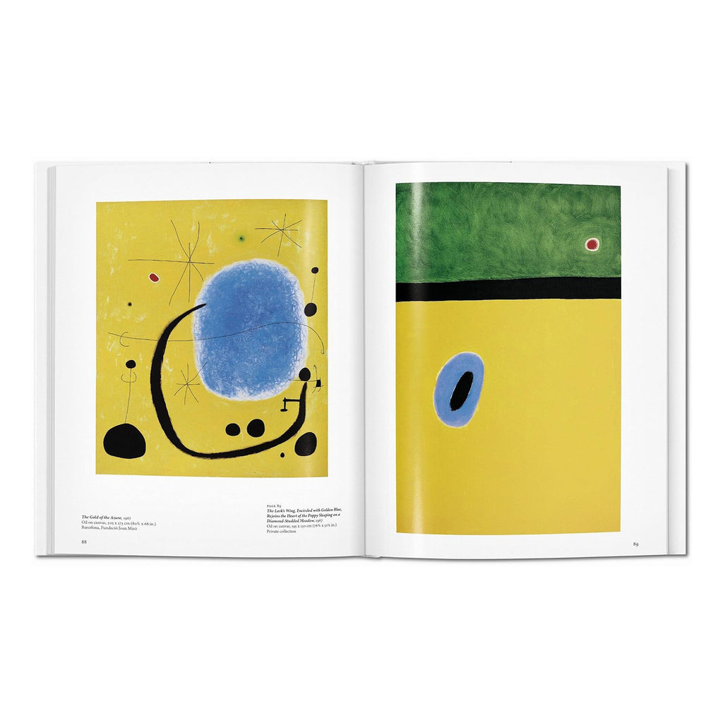 Page spread displaying Joan Miró's 1967 painting "The Gold of the Azure," an example of his later work exploring Color Field abstraction.