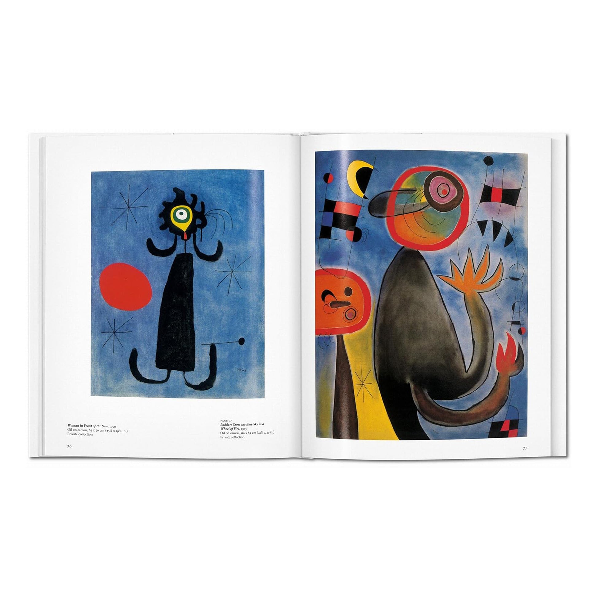 A page showing two Miró paintings, including "Women in Front of the Sun" from 1938, a vibrant example of his figurative Surrealism.