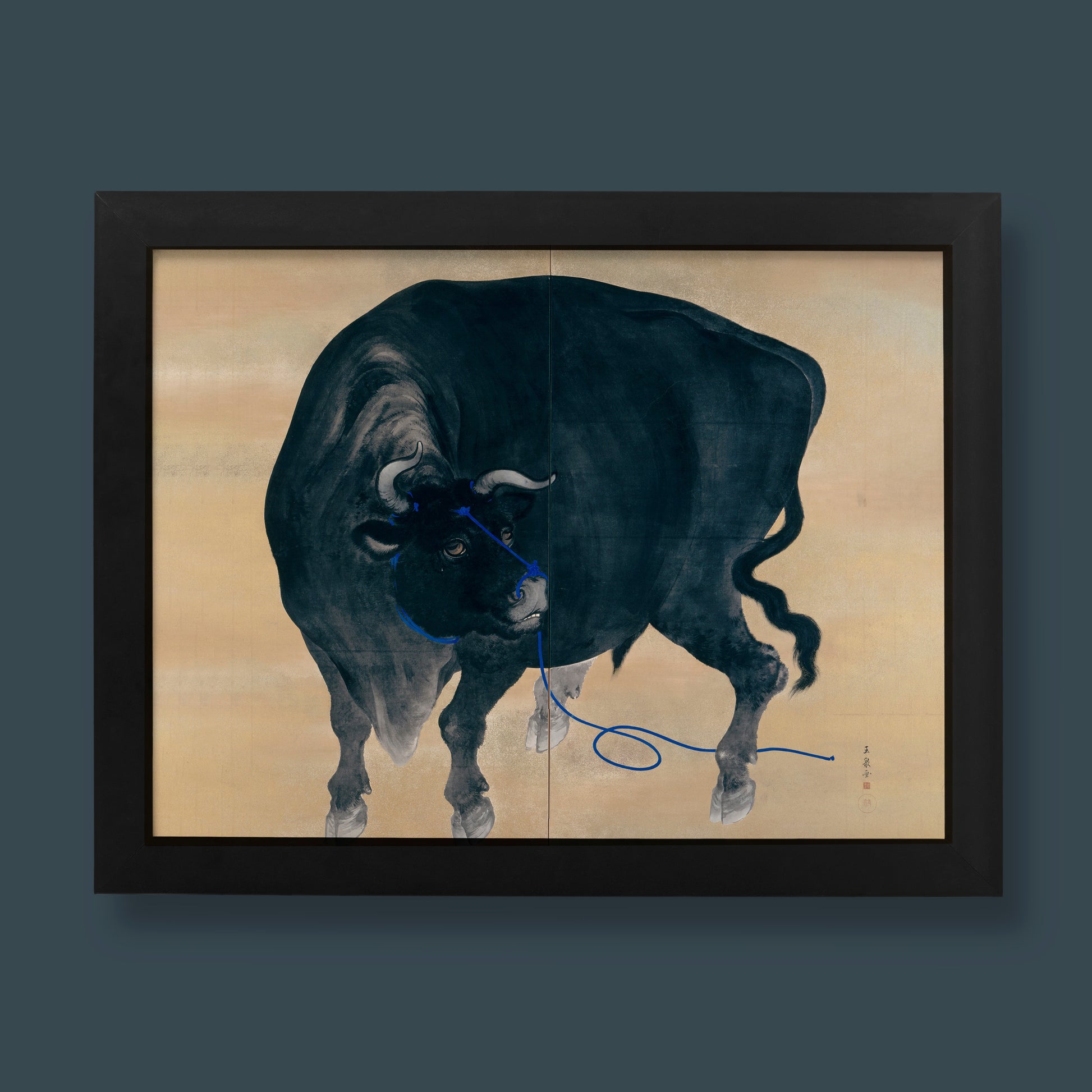 Mochizuki Gyokusen Black Bull Japanese art print featuring Zen Buddhist symbolism, premium wall art reproduction for modern home decor and interior design