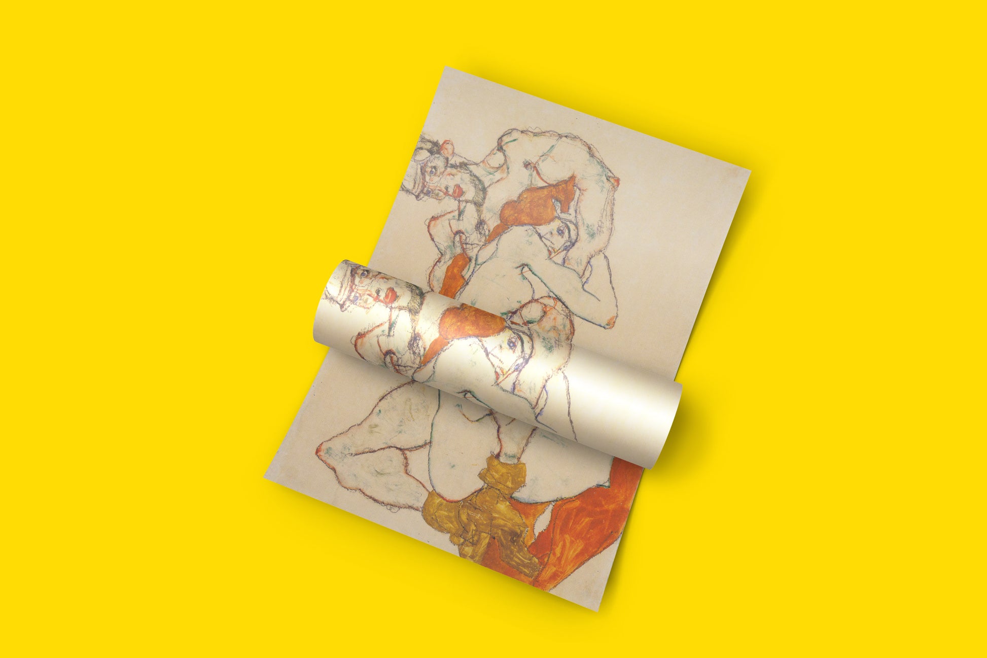 Contemporary home interior featuring the Egon Schiele 'Lovers' art print, ideal for a gallery wall or sophisticated wall decor.