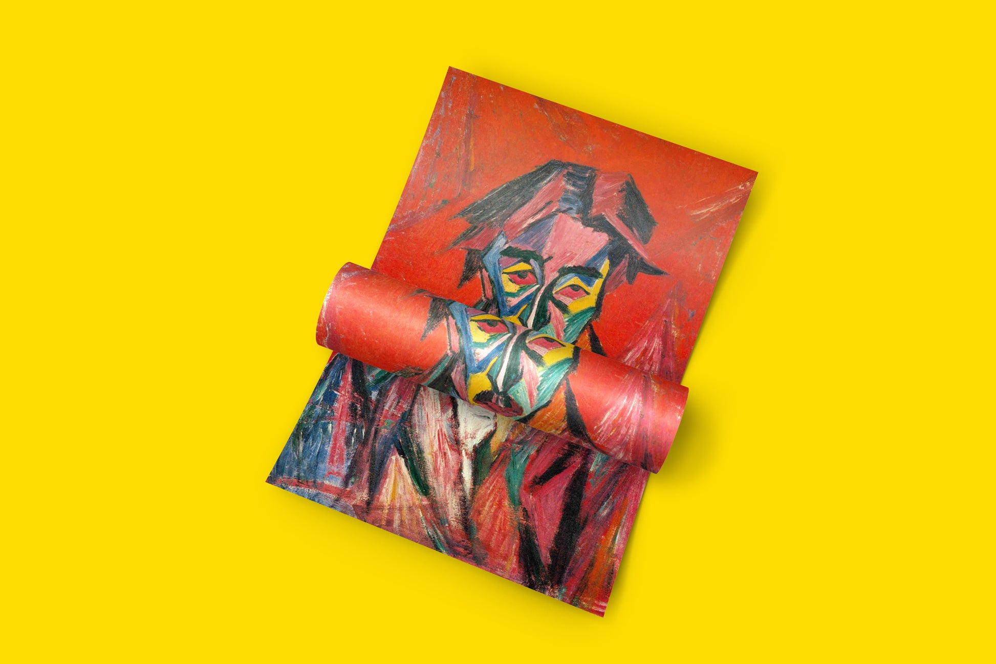 Striking Japanese Expressionism wall art print by Tetsugorō Yorozu, showcasing his distinctive style with bold colours and an intense gaze, ideal for art enthusiasts.