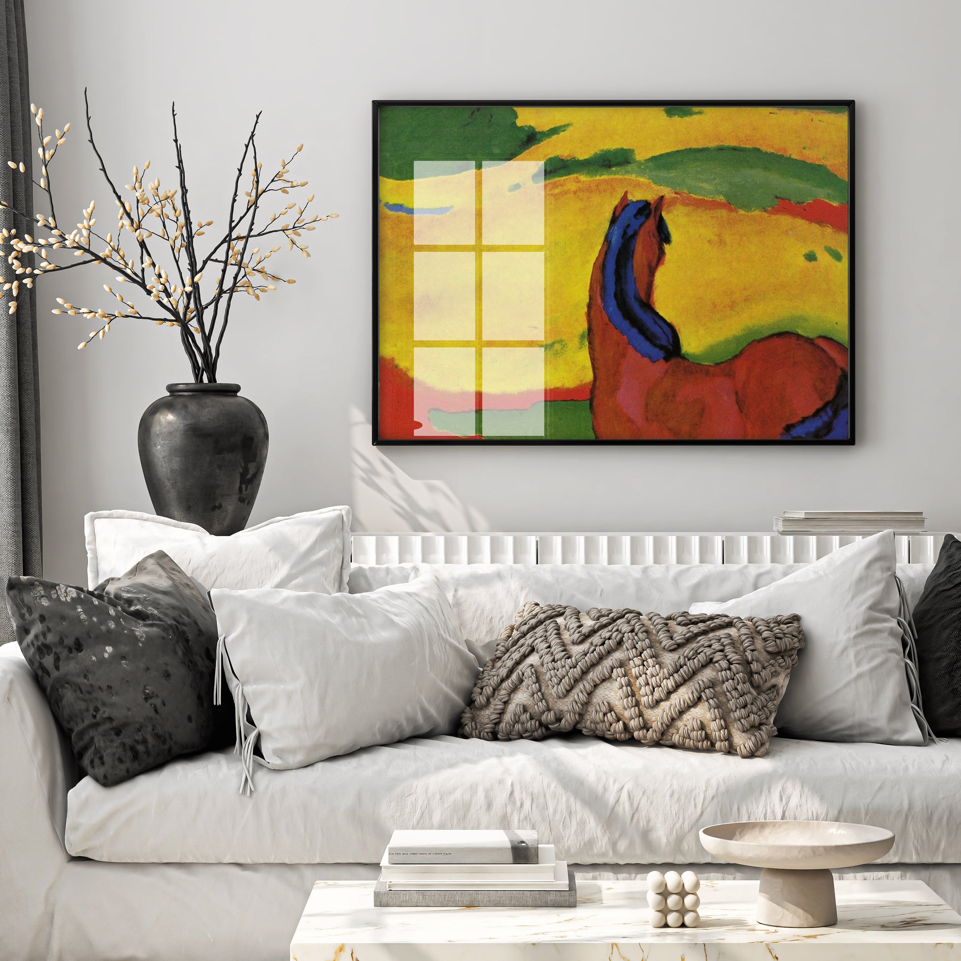 Franz Marc Horse in a Landscape art print displayed as modern wall art in contemporary living room interior design setting