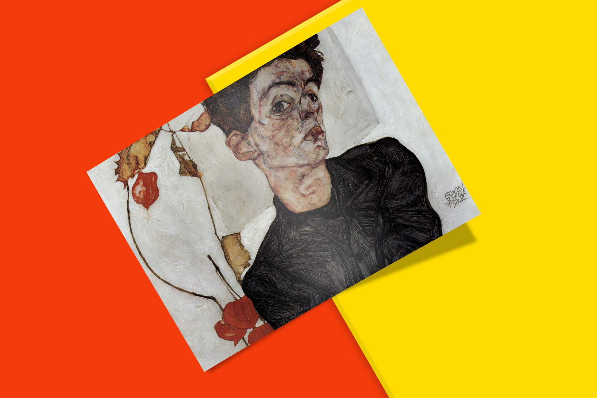 Captivating Egon Schiele self-portrait, a historical art piece with intense gaze and nuanced colours, available as a premium wall art print.