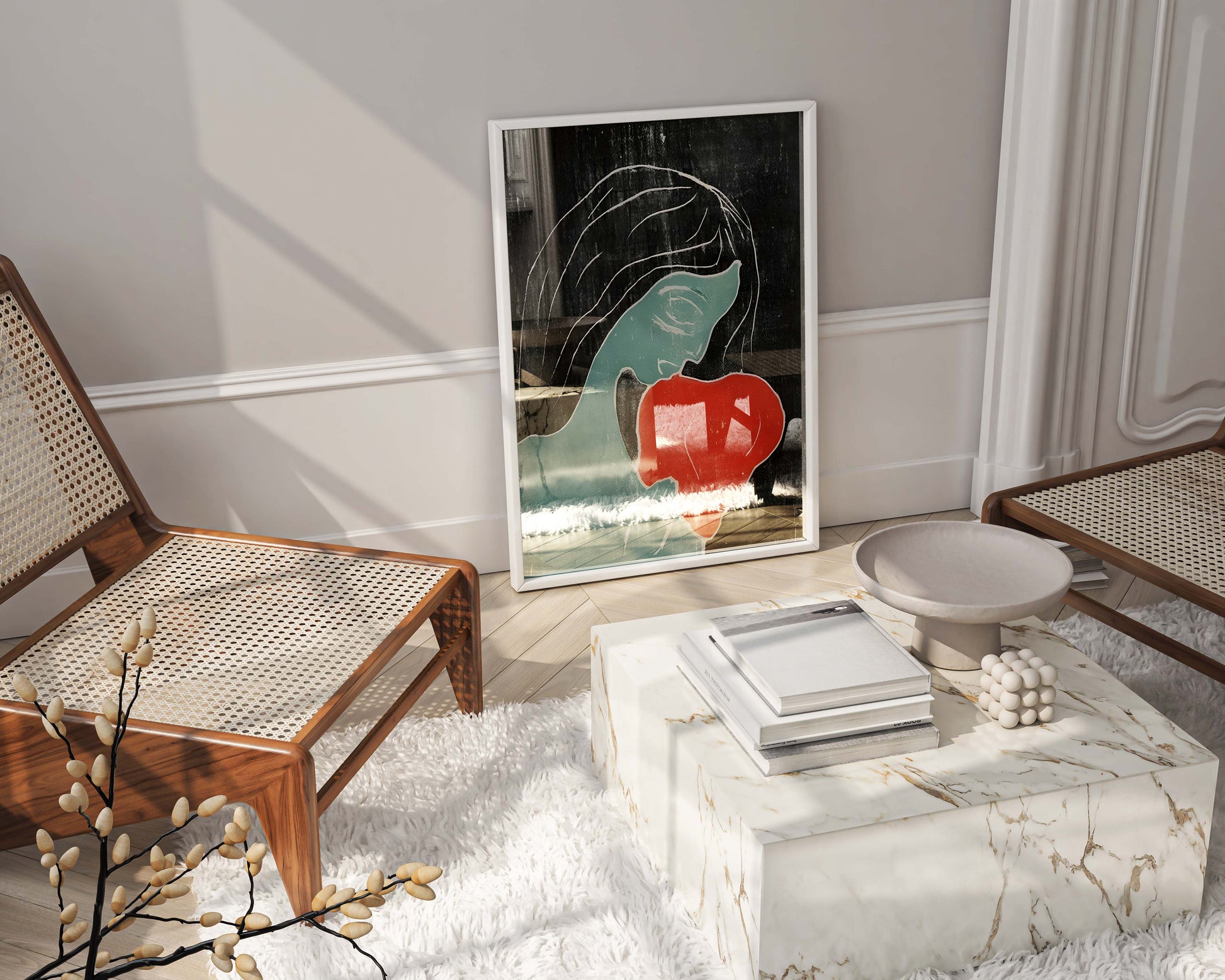 Stylish living room featuring a framed 'Two Heart' print by Edvard Munch, showcasing how this iconic wall art integrates seamlessly into sophisticated home decor.