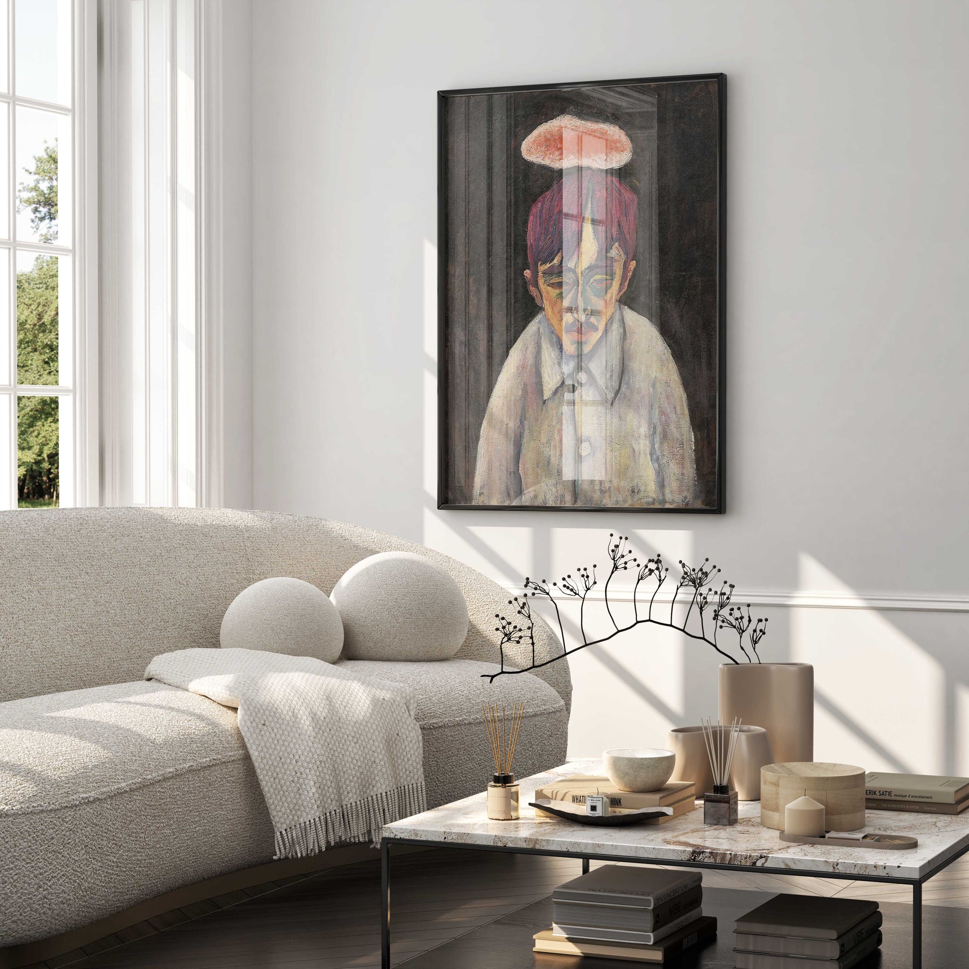 Elegant framed giclée print of Tetsugorō Yorozu's 'Self-Portrait with Clouds,' perfect for enhancing modern living spaces and art collections.