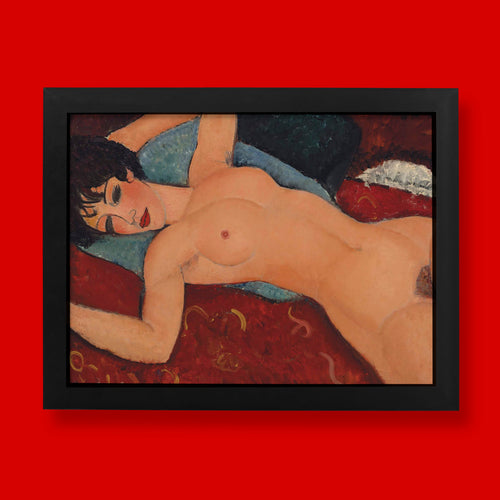 Amedeo Modigliani Nu Couché fine art print, reclining nude in warm ochre and crimson tones, giclée wall art on 200gsm matte paper