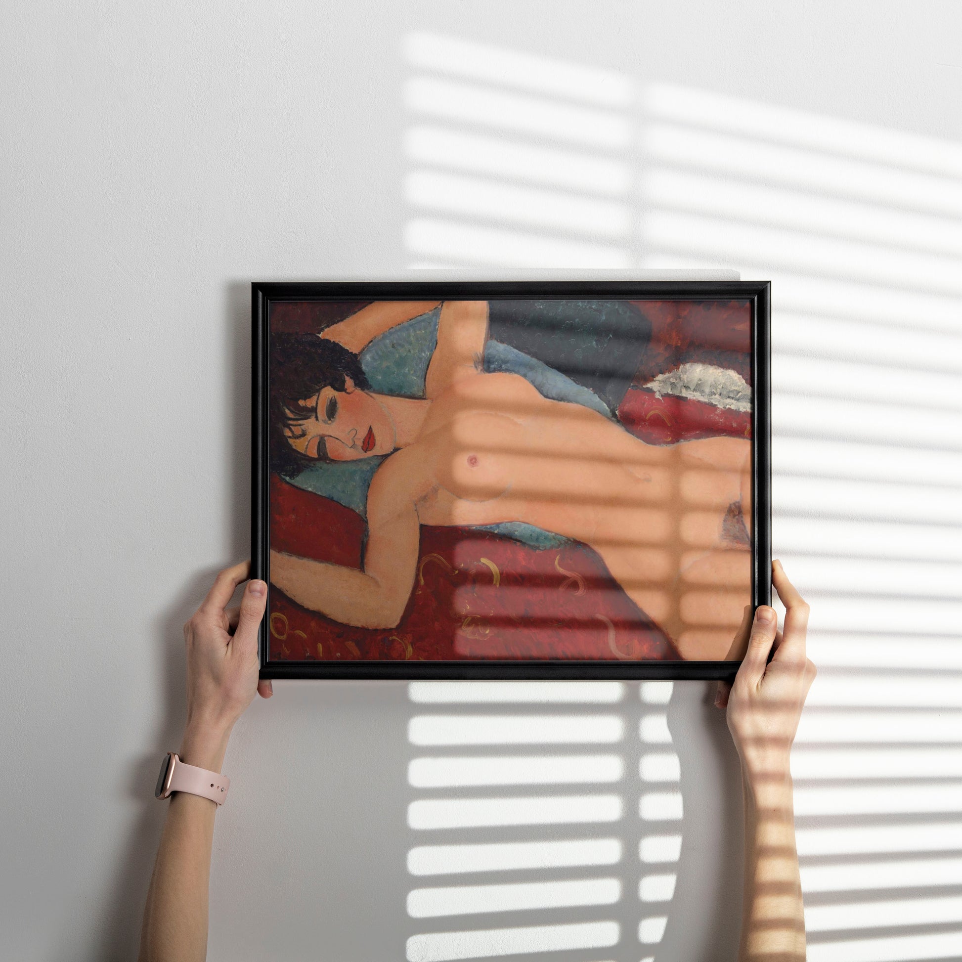 Modigliani Reclining Nude wall art print, early 20th-century modernist painting reproduction with elongated figure on deep red background