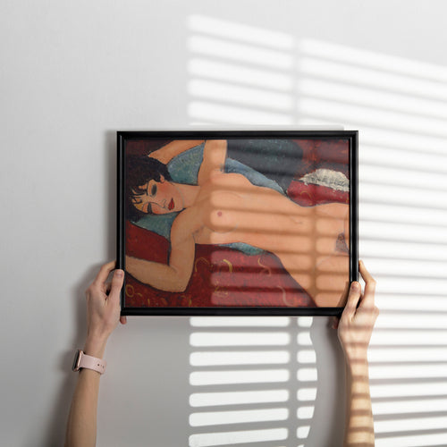 Modigliani Reclining Nude wall art print, early 20th-century modernist painting reproduction with elongated figure on deep red background