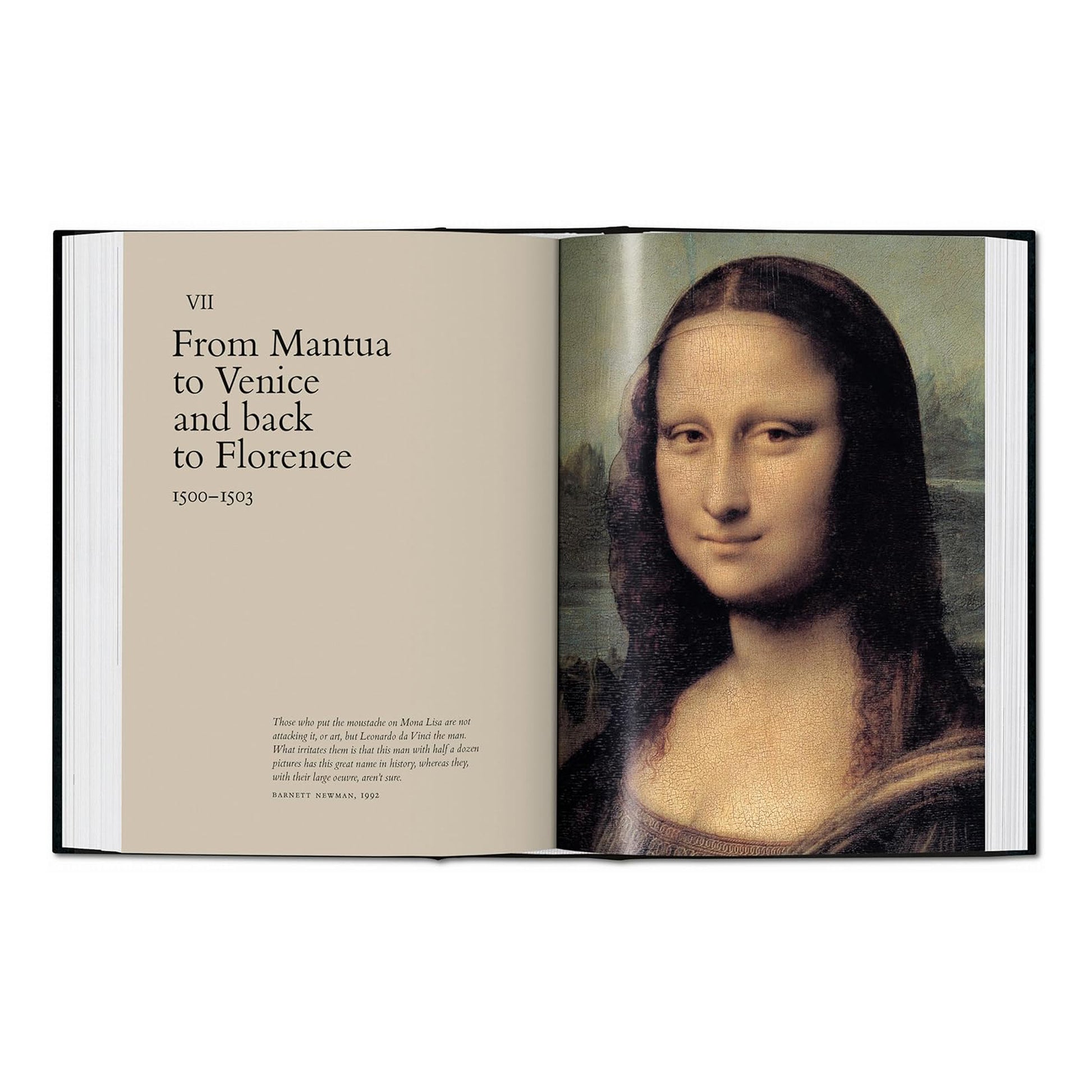 A stunning interior spread from the Taschen art book, displaying a full-page, museum-quality reproduction of the iconic Mona Lisa painting.
