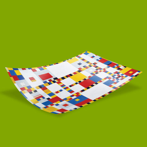 Mondrian abstract wall art print with bold primary colour blocks in red, yellow and blue, inspired by the original 1944 masterpiece