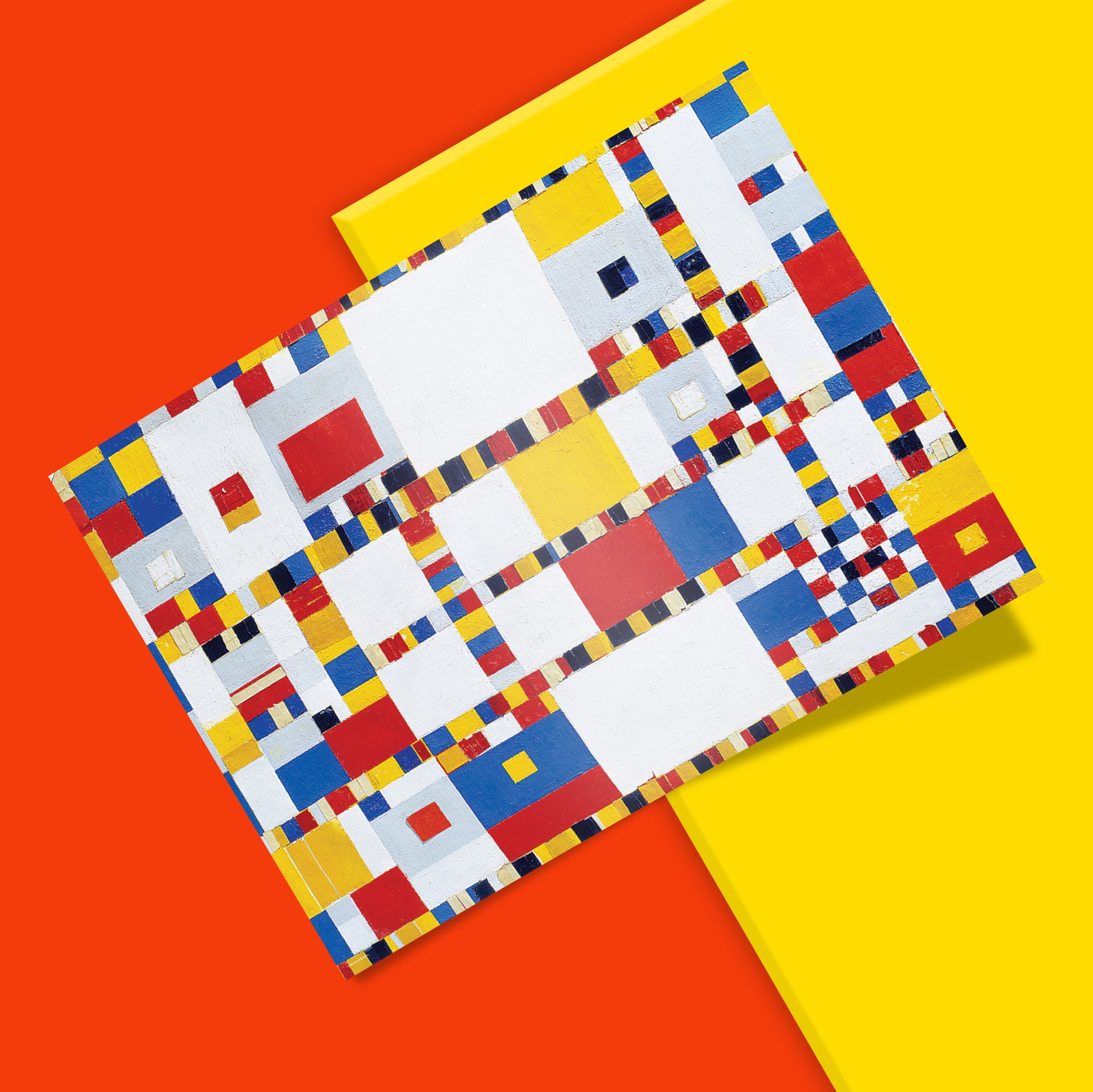 Mondrian geometric abstract art print for modern home décor, featuring a mosaic grid of coloured squares in the style of De Stijl Neo-Plasticism