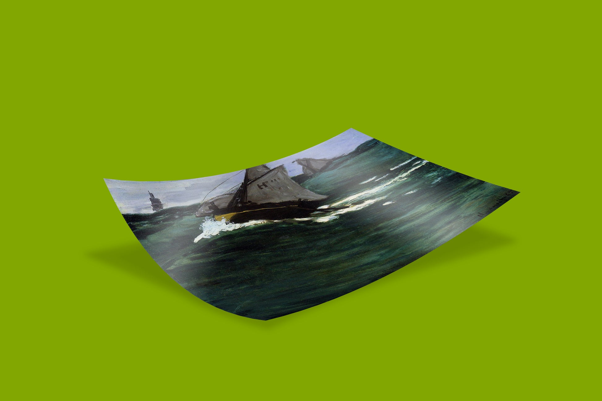 Premium wall art print of Claude Monet's The Green Wave impressionist masterpiece, featuring dramatic ocean scene with traditional fishing vessels in stormy seas