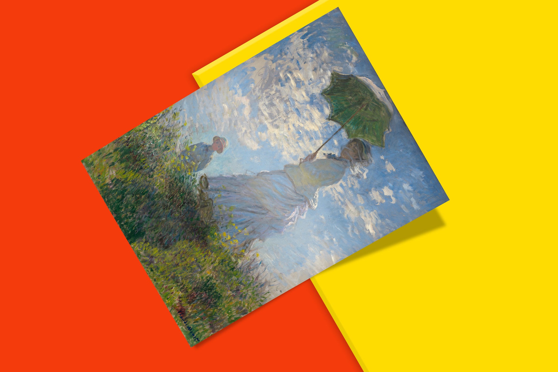 This Monet art print captures the luminous quality of the original painting, depicting a woman with a parasol standing in a field of wildflowers, showcasing the hallmarks of the Impressionist style.