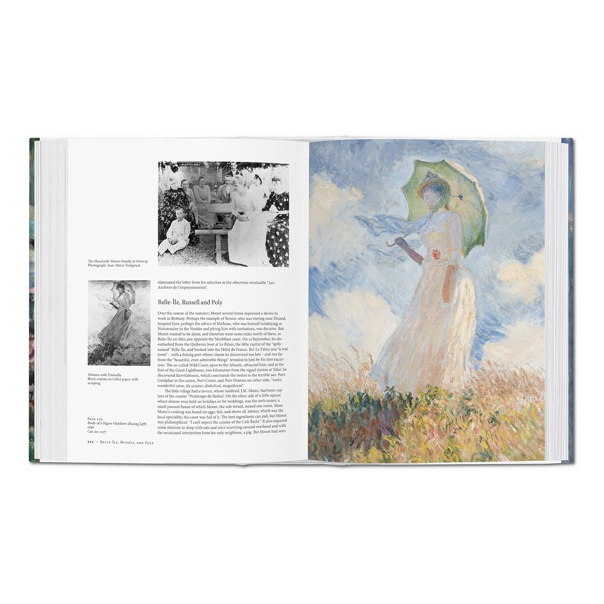 An open page from the Taschen art book showing two of Monet's paintings: "Woman with a Parasol" and a painting from the "Belle-Île, Russell and Poly" series, with a biography of the artist in the centre.