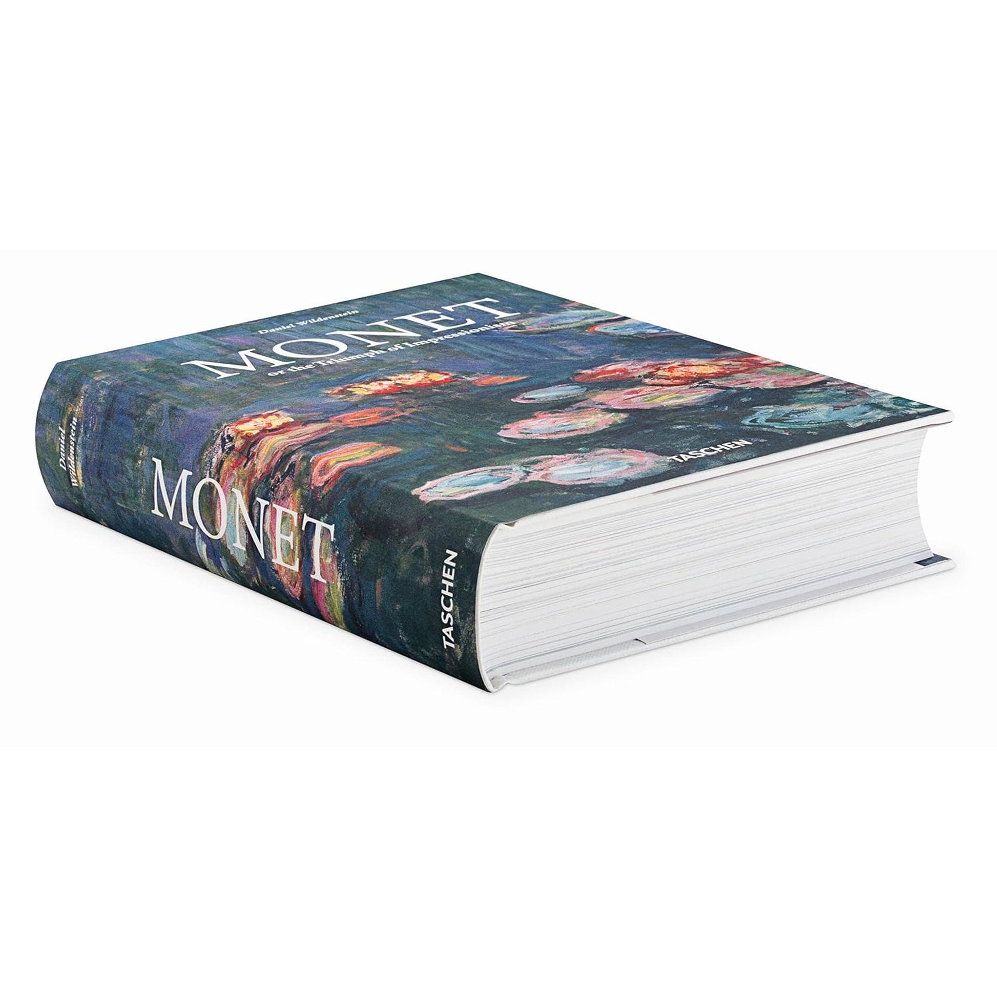A three-quarter view of the "Monet. The Triumph of Impressionism" hardcover art book, showing the spine and pages of the luxury edition. A wonderful addition to a library of classic fine art books.