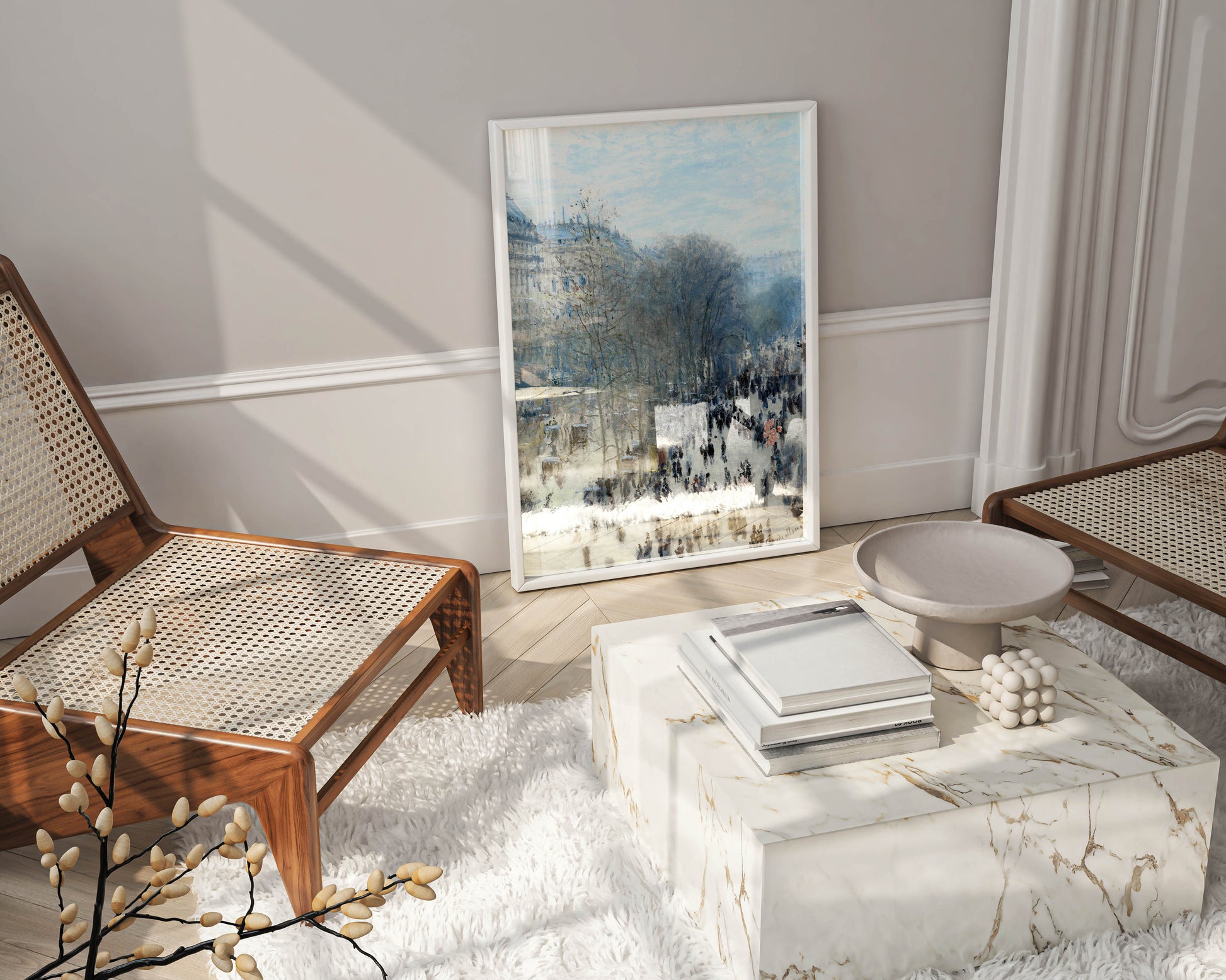 Monet's Impressionist painting used as a statement piece in a luxury home's interior design.
