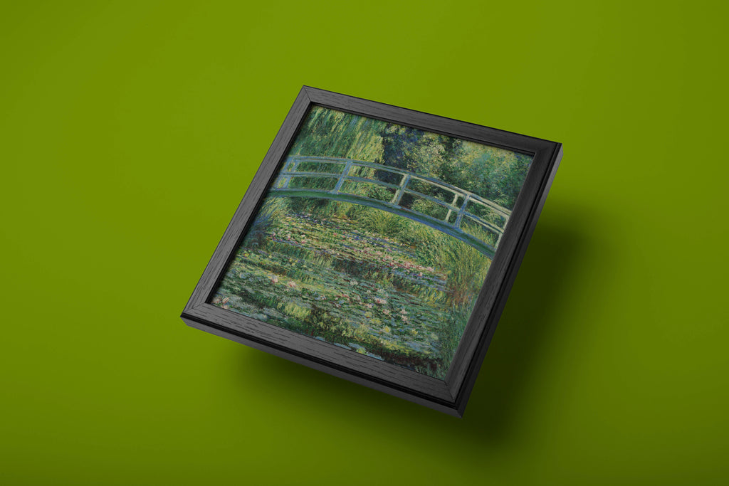 Detail of a fine art wall print capturing the famous Japanese bridge and tranquil water lilies in Monet's garden.