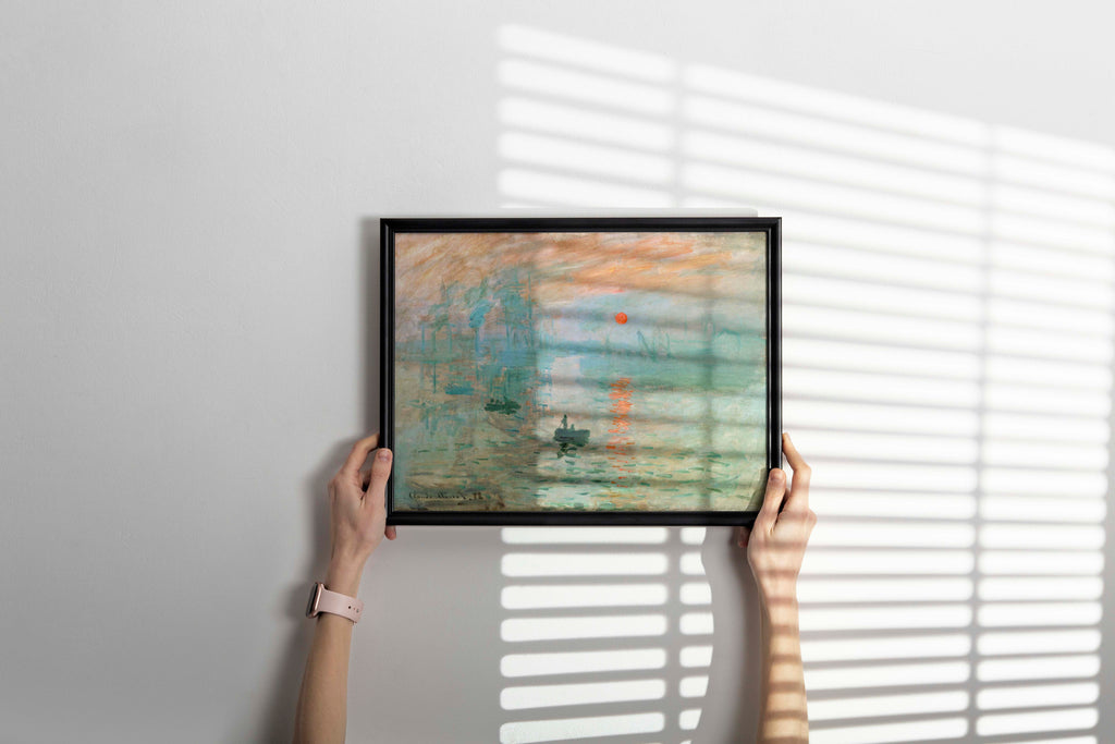 Modern framed wall art featuring a high-quality giclée print of Monet's masterpiece, Impression, Sunrise, perfect for a living room.
