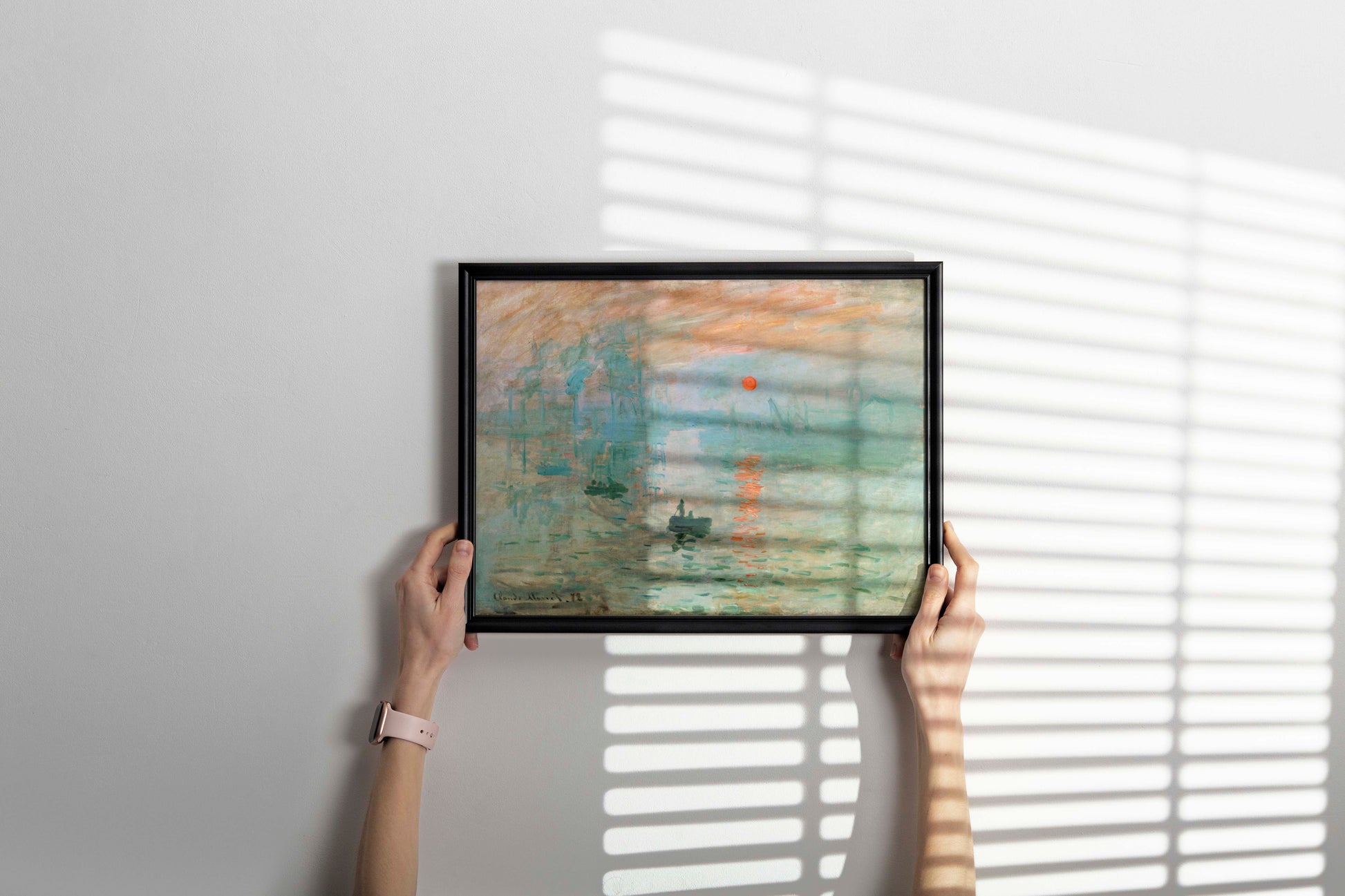 Modern framed wall art featuring a high-quality giclée print of Monet's masterpiece, Impression, Sunrise, perfect for a living room.