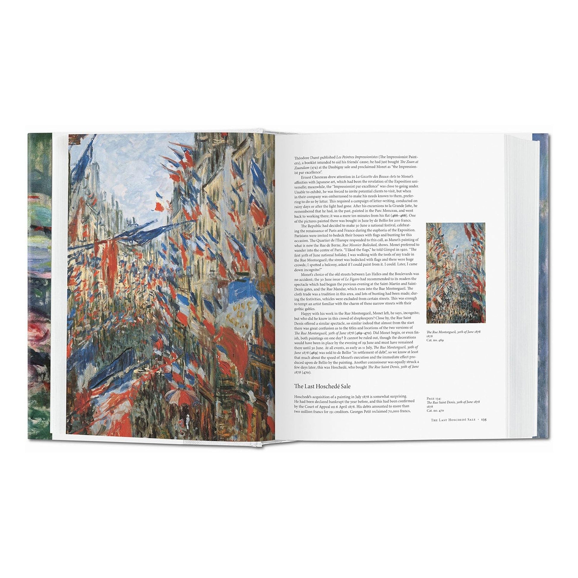 A stunning two-page spread from the luxury art book displaying Monet's "La Rue Montorgueil" painting, capturing the festive and patriotic atmosphere with a sea of flags.