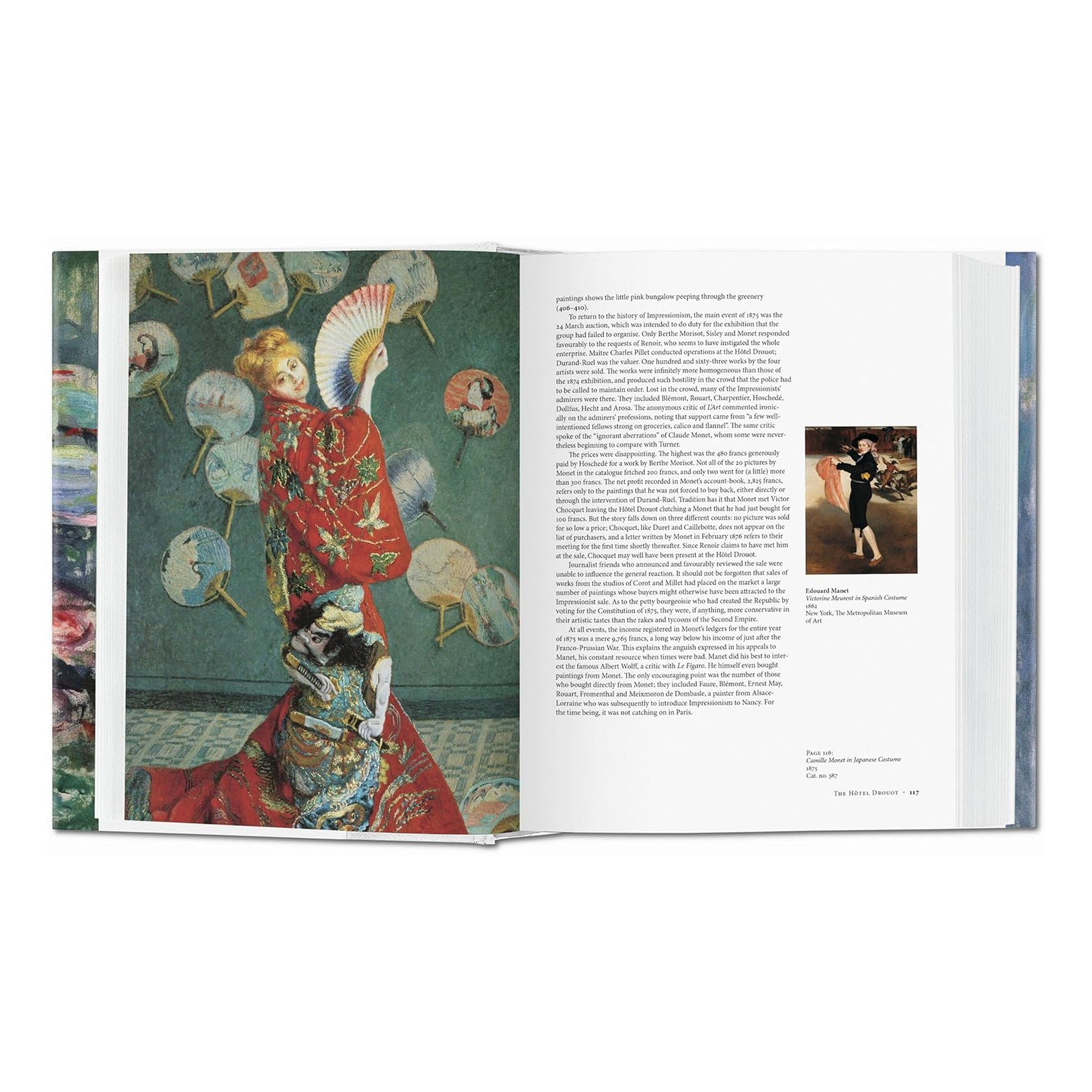 Open book with a colourful illustration of a woman in a red dress holding fans on the left page, and text on the right page.