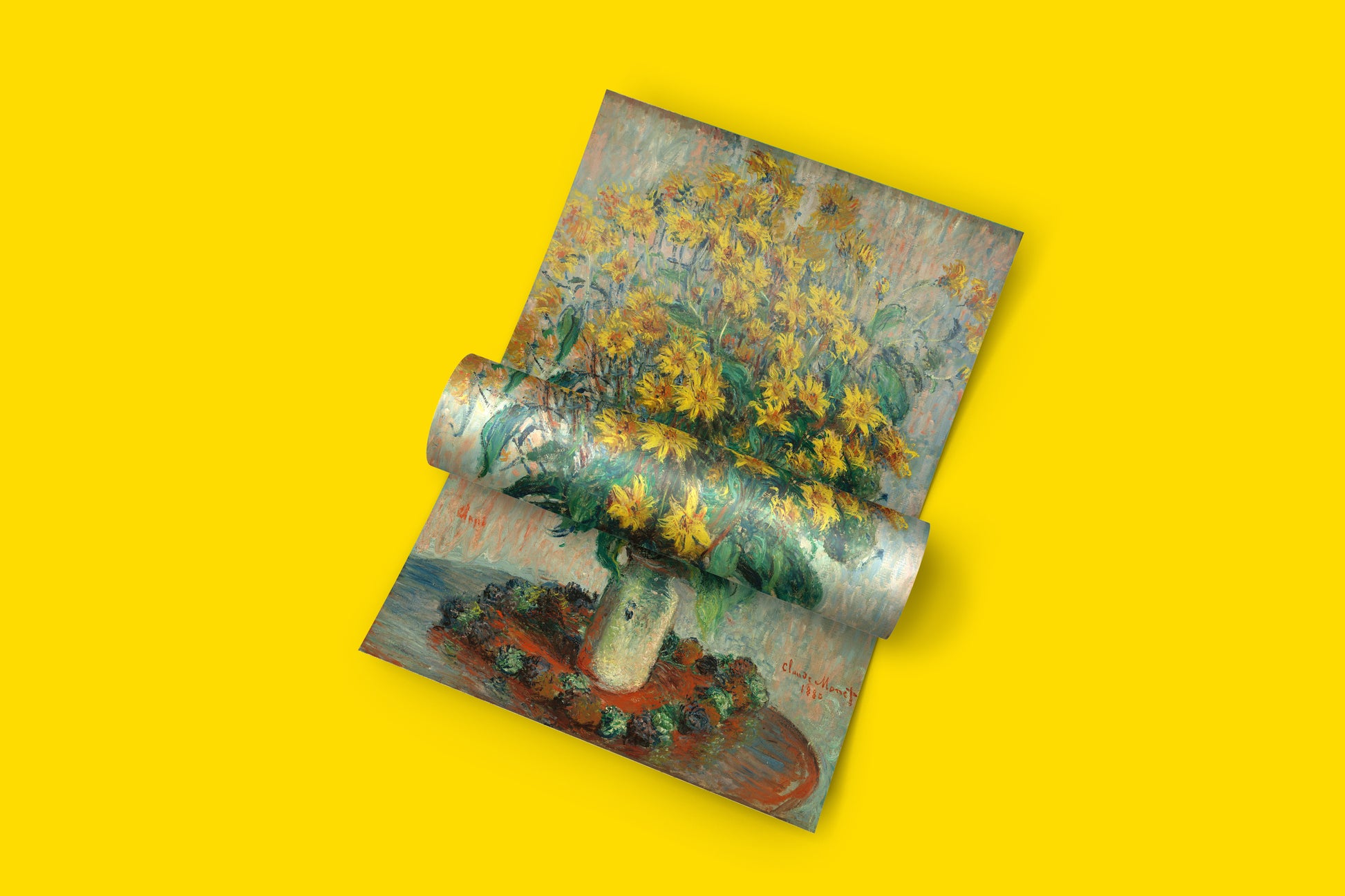 Classic Monet flower painting reproduction featuring bright yellow Jerusalem artichoke blooms, sophisticated wall hanging art print for contemporary home styling and gallery walls