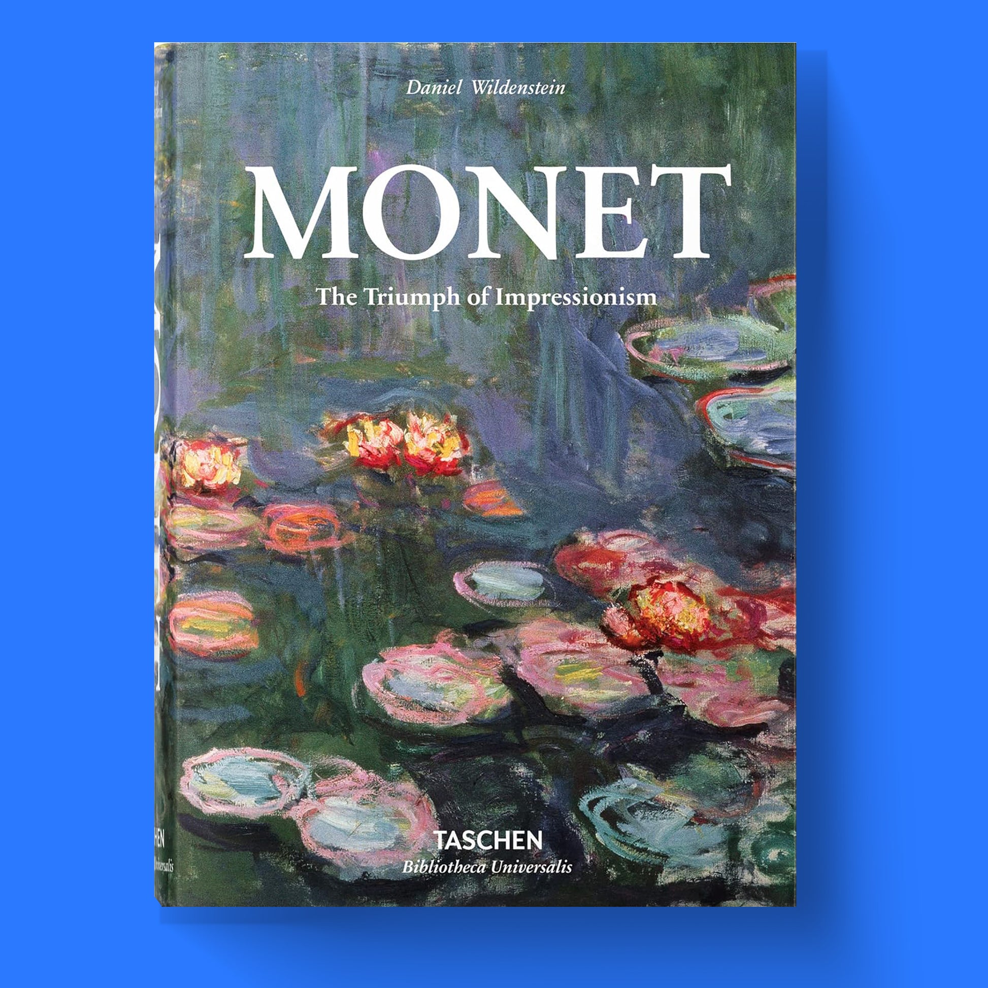 The cover of the luxury hardcover art book "Monet. The Triumph of Impressionism" by Taschen, featuring a vibrant detail of Monet's water lilies. This is a must have for any fine art collector and a stunning piece of wall art inspiration.
