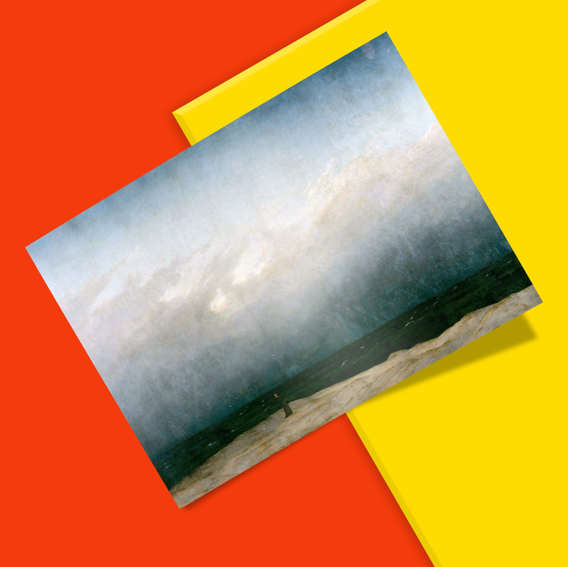 Monk by the Sea wall art depicting German Romanticism's most iconic seascape, showing a lone figure dwarfed by nature on a desolate Baltic shoreline