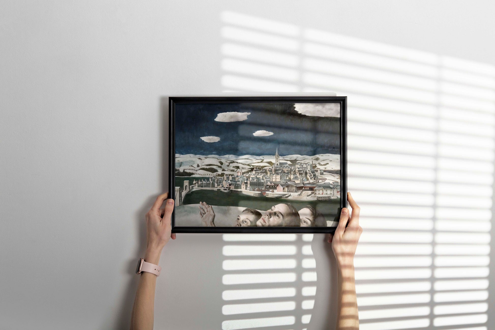 Framed fine art print of Edward Baird's Unidentified Aircraft over Montrose hanging in contemporary home interior, museum quality framed wall decor showing 1942 Scottish surrealist painting