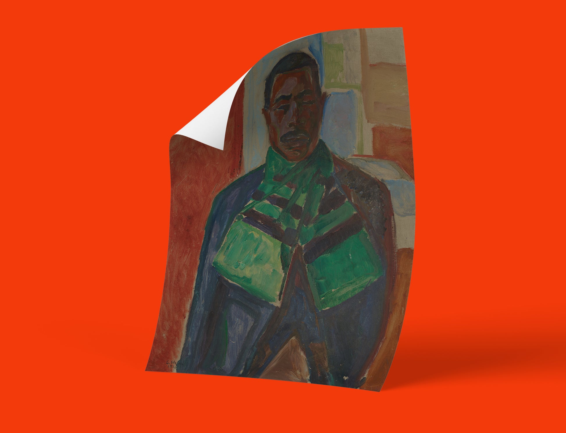 A giclée print of Edvard Munch's "Abdul Karim" portrait, featuring a man in a blue jacket and bright green scarf, with rich, vivid colours.