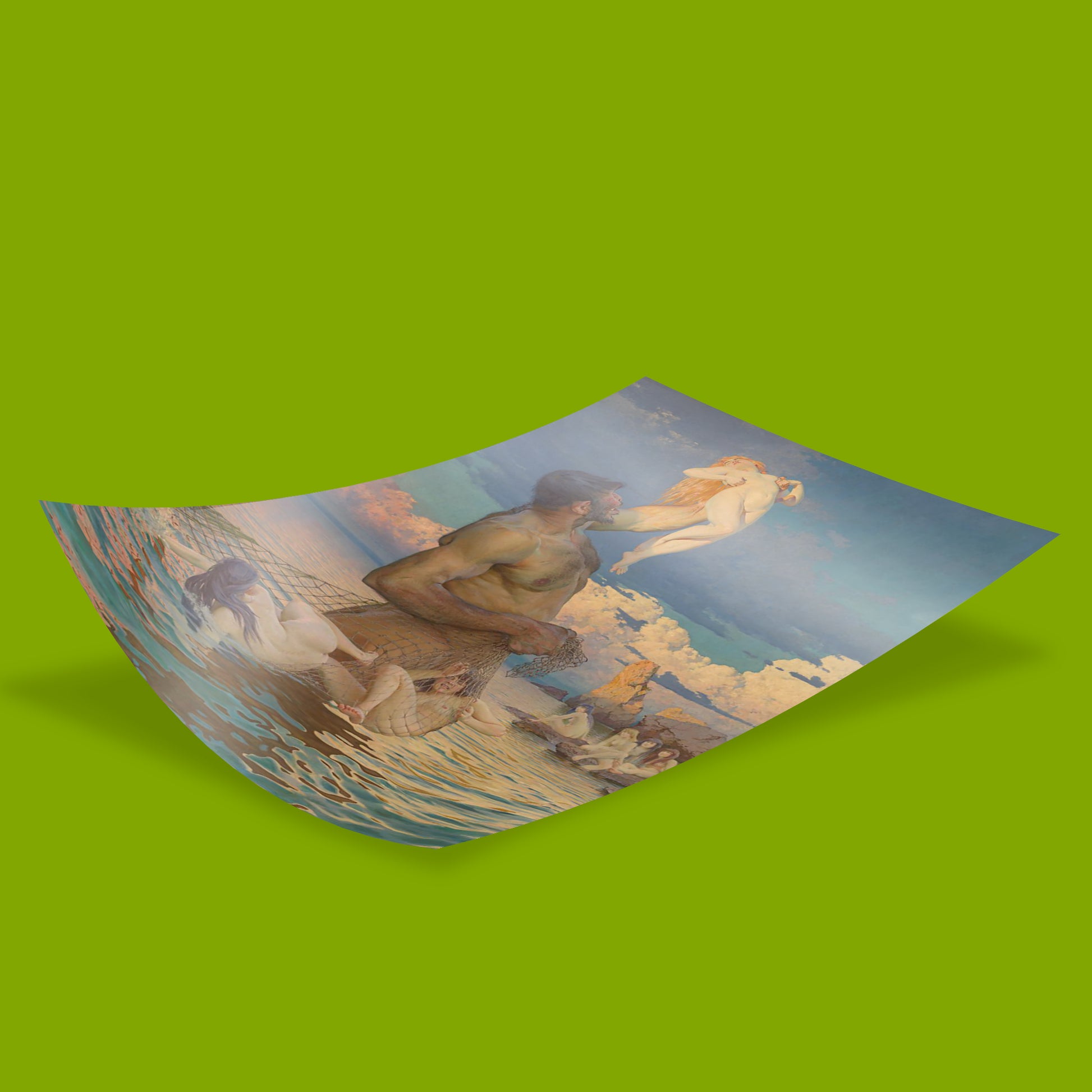 Max Pietschmann symbolist painting print depicting Polyphemus and Galatea myth, academic art poster with sea nymphs and Cyclops