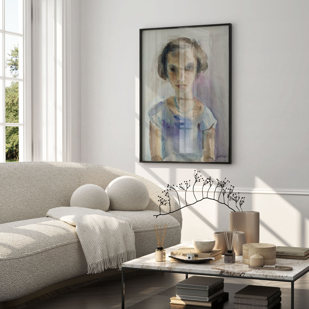 Watercolour art print of Portrait of a Girl by Jewish Polish artist Gela Seksztajn, featuring a young girl with dark eyes and a turquoise necklace against a soft lavender background