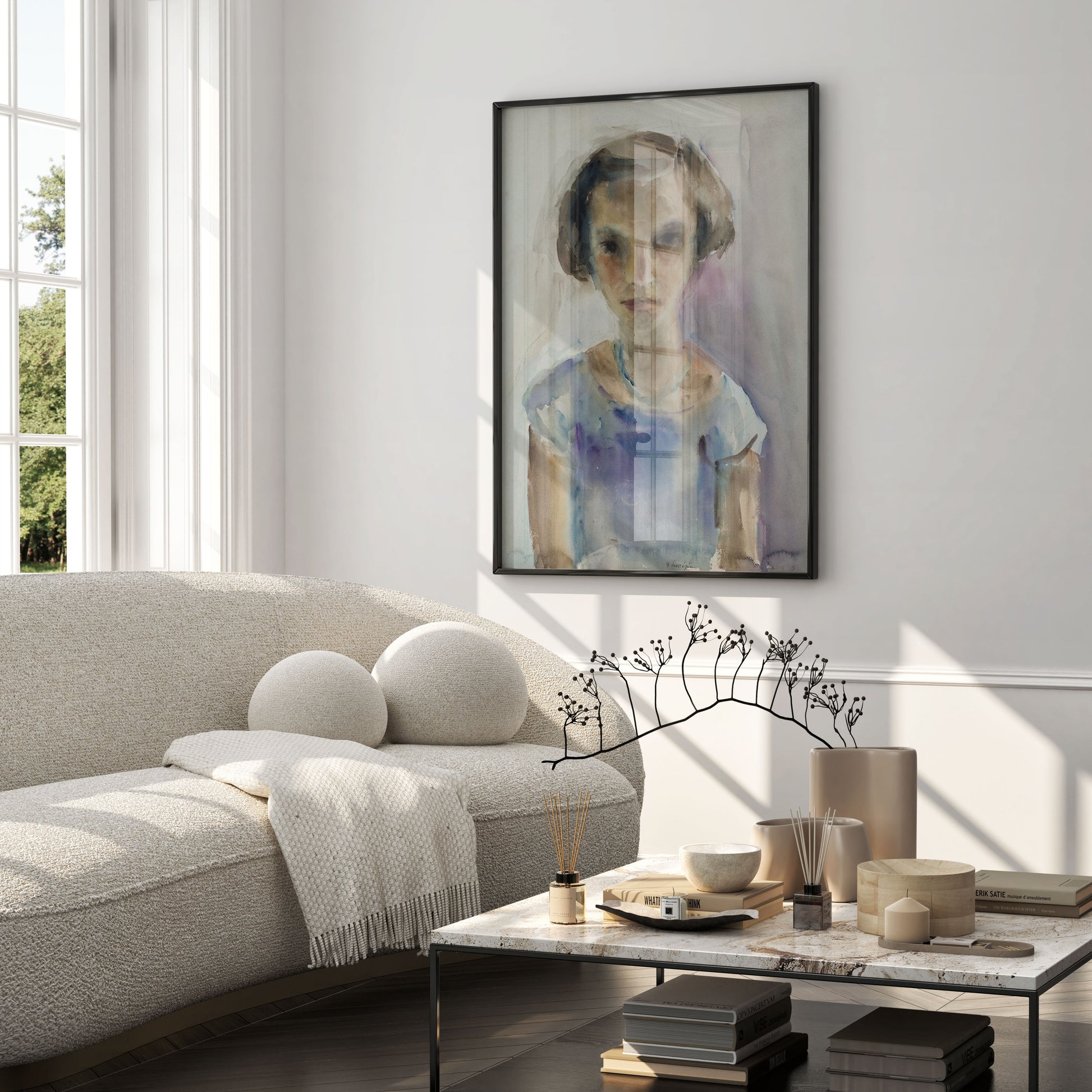 Watercolour art print of Portrait of a Girl by Jewish Polish artist Gela Seksztajn, featuring a young girl with dark eyes and a turquoise necklace against a soft lavender background