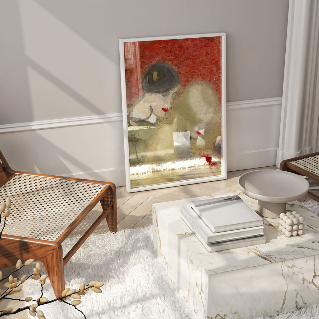 Nordic modernist painting print by Finnish artist Helene Schjerfbeck showing two stylised figures leaning over a family heirloom jewel box