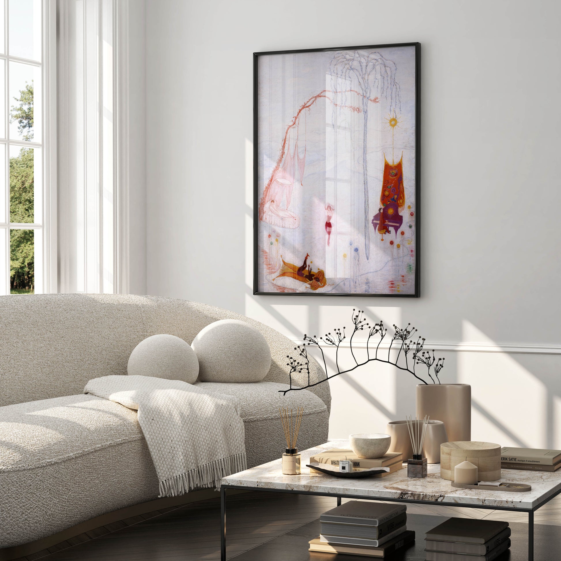 Florine Stettheimer wall art showing 1920s New York salon scene with pianist, singer and lounging figures in theatrical modernist style