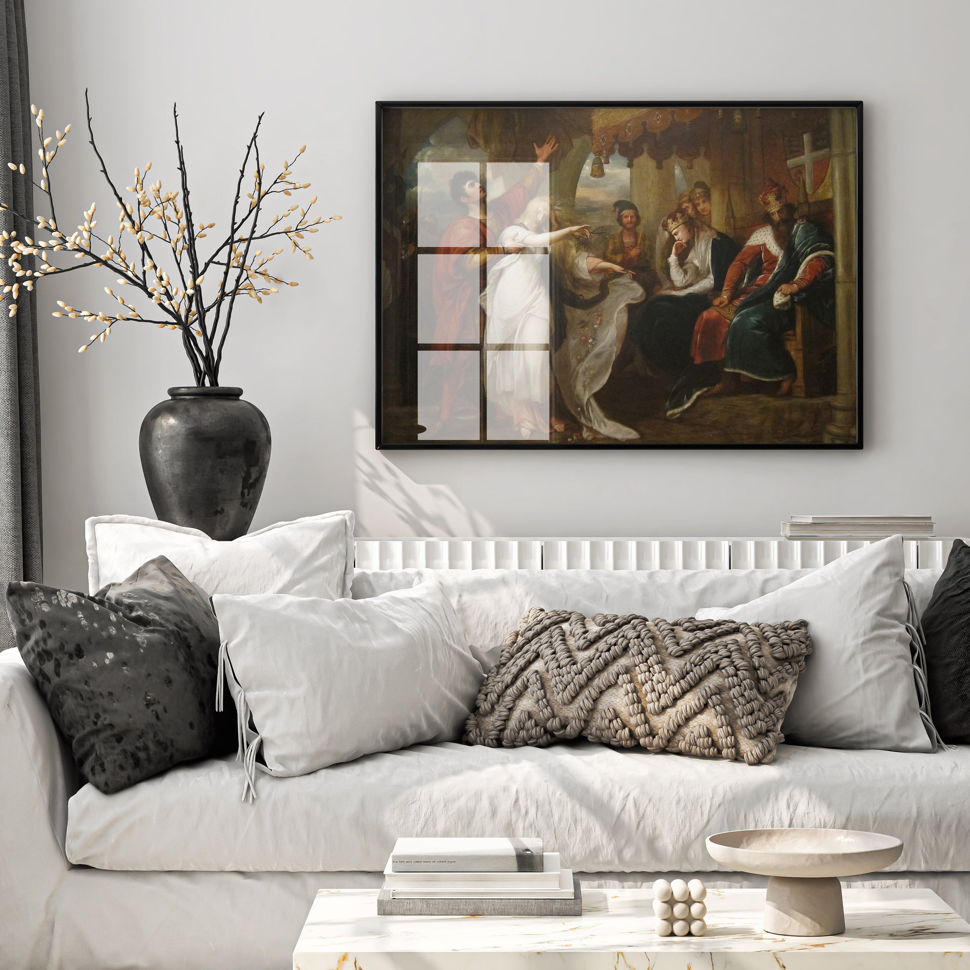 An elegant Benjamin West art print styled as wall art in a modern interior, showcasing rich historical drama and vivid colours.