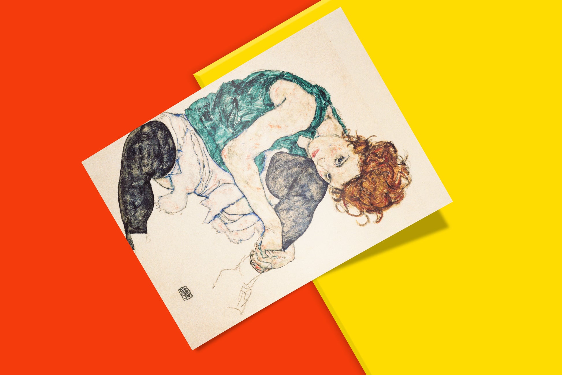 Museum-quality fine art poster of Egon Schiele's famous seated woman, a premium art print to enhance any interior design aesthetic.