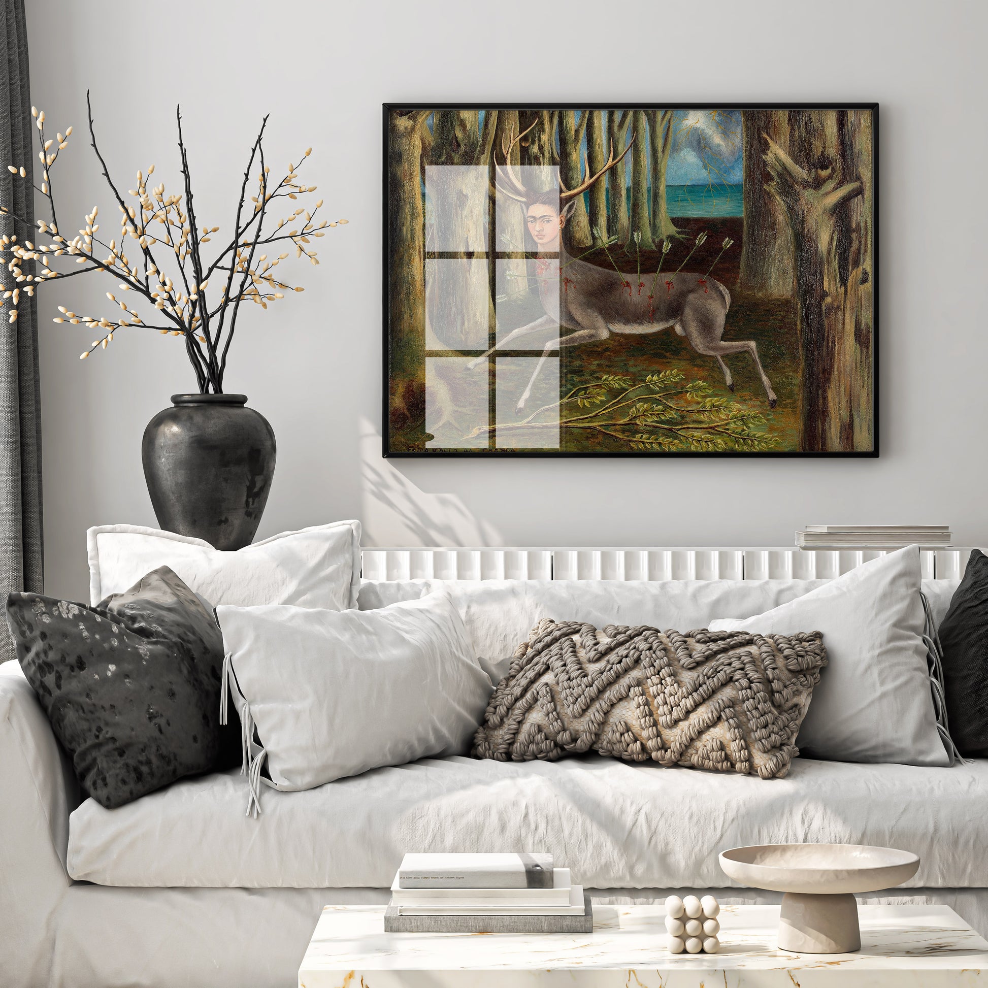 Frida Kahlo The Wounded Deer framed art print in gallery wall arrangement with Mexican modern art collection and surrealist wall decor